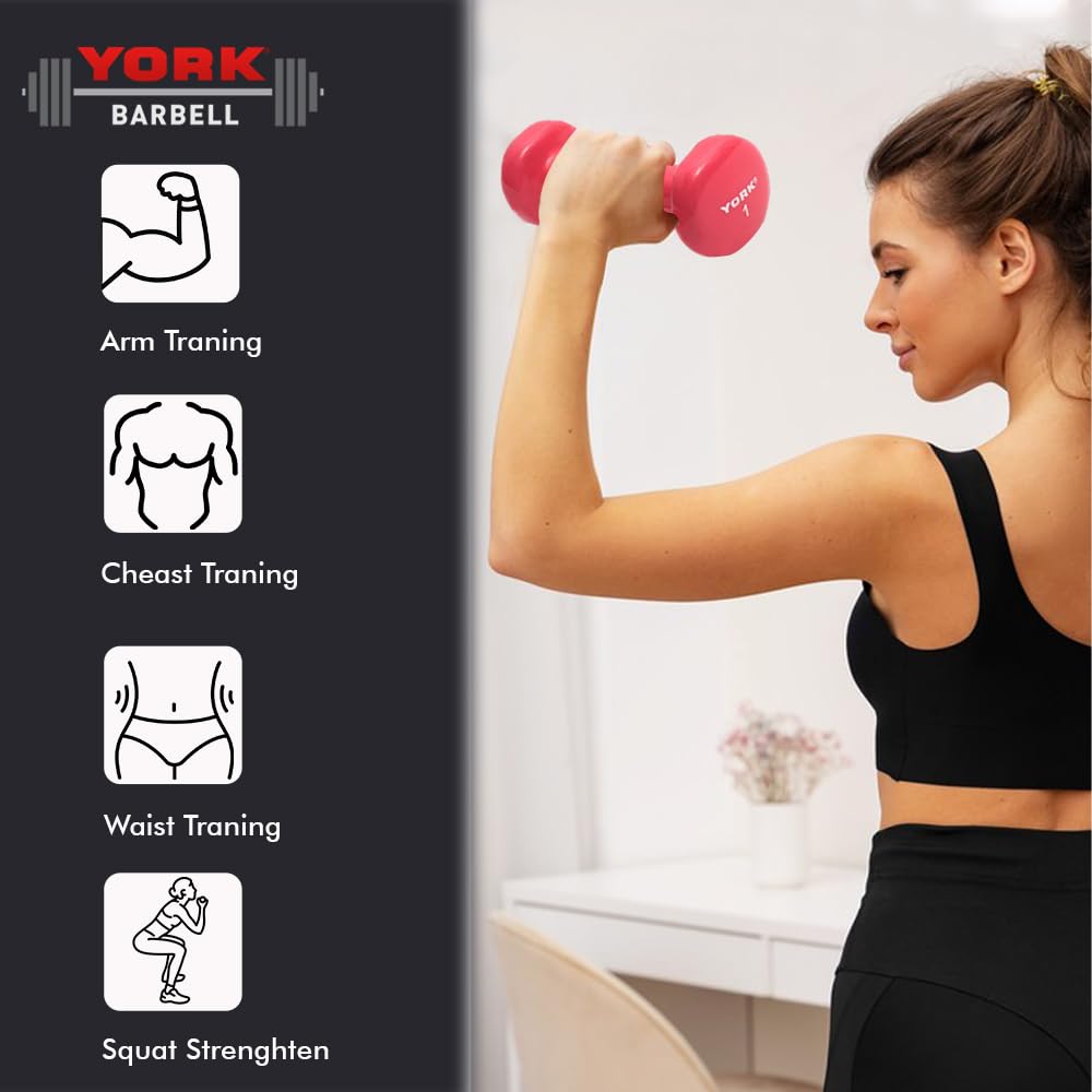 New Freeweights York Barbell Vinyl Coated Fitbell Dumbbell (1LB, Pack of 2) | Dumbbell Set for Women & Men Durable Anti-Roll, Anti-Slip, Pink | Ideal for Arm Rows, Squats, Chest Presses, Bicep Curls, Jogging & Yoga York Freeweight