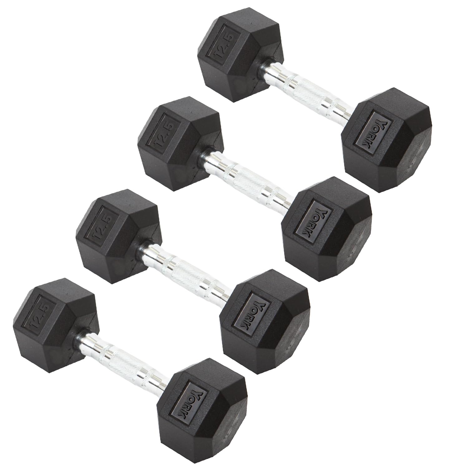 New York York Barbell Hex Dumbbell Set 12.5LB Rubber Coated Fixed Weight Dumbbells with Chrome Ergonomic Handle Odorless & Durable for Home Gym Women’s Strength Training Full Body Workouts - Pack of 4 Freeweights & Accessories