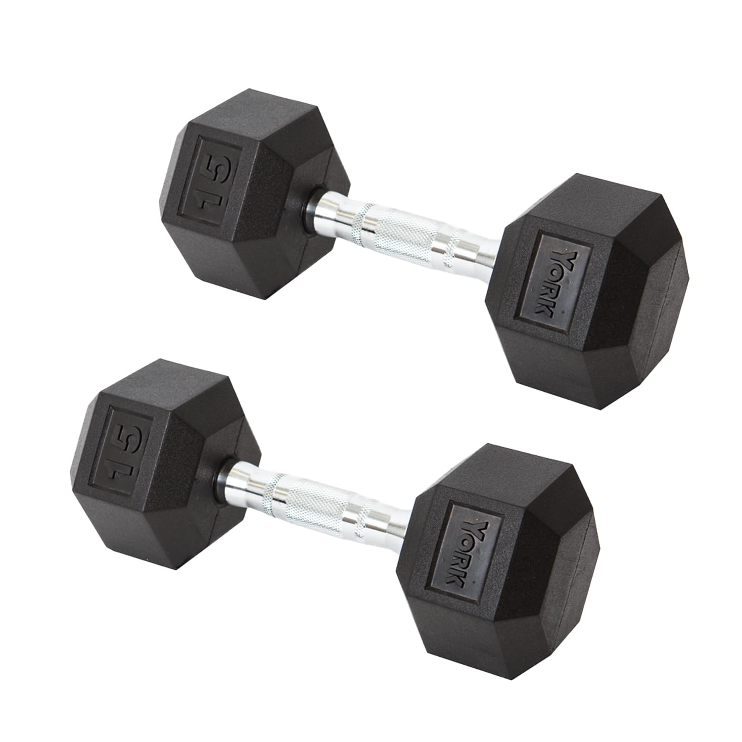 New York York Barbell Hex Dumbbell Set 15LB Rubber Coated Fixed Weight Dumbbells with Chrome Ergonomic Handle Odorless & Durable for Home Gym Women’s Strength Training Full Body Workouts - Pack of 2 Freeweights & Accessories