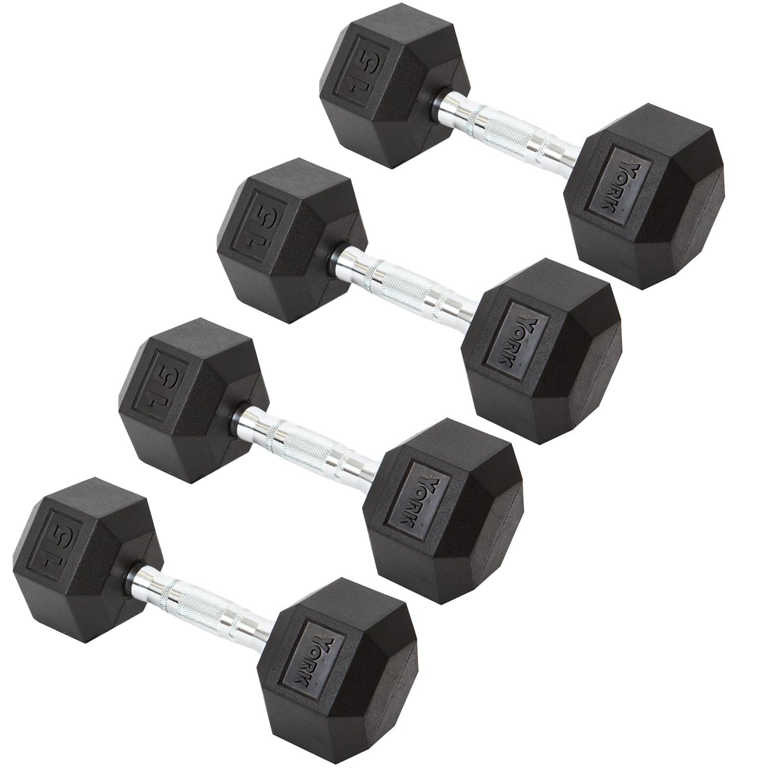 New York York Barbell Hex Dumbbell Set 15LB Rubber Coated Fixed Weight Dumbbells with Chrome Ergonomic Handle Odorless & Durable for Home Gym Women’s Strength Training Full Body Workouts - Pack of 4 Freeweights & Accessories
