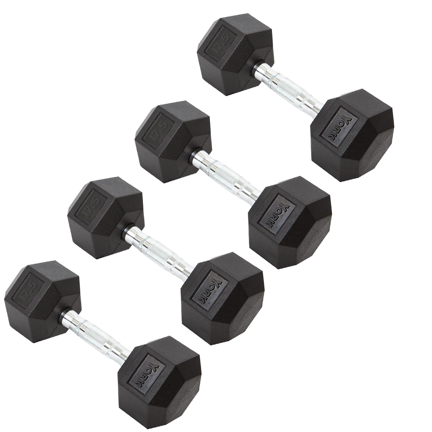 New York York Barbell Hex Dumbbell Set 17.5LB Rubber Coated Fixed Weight Dumbbells with Chrome Ergonomic Handle Odorless & Durable for Home Gym Women’s Strength Training Full Body Workouts - Pack of 4 Freeweights & Accessories