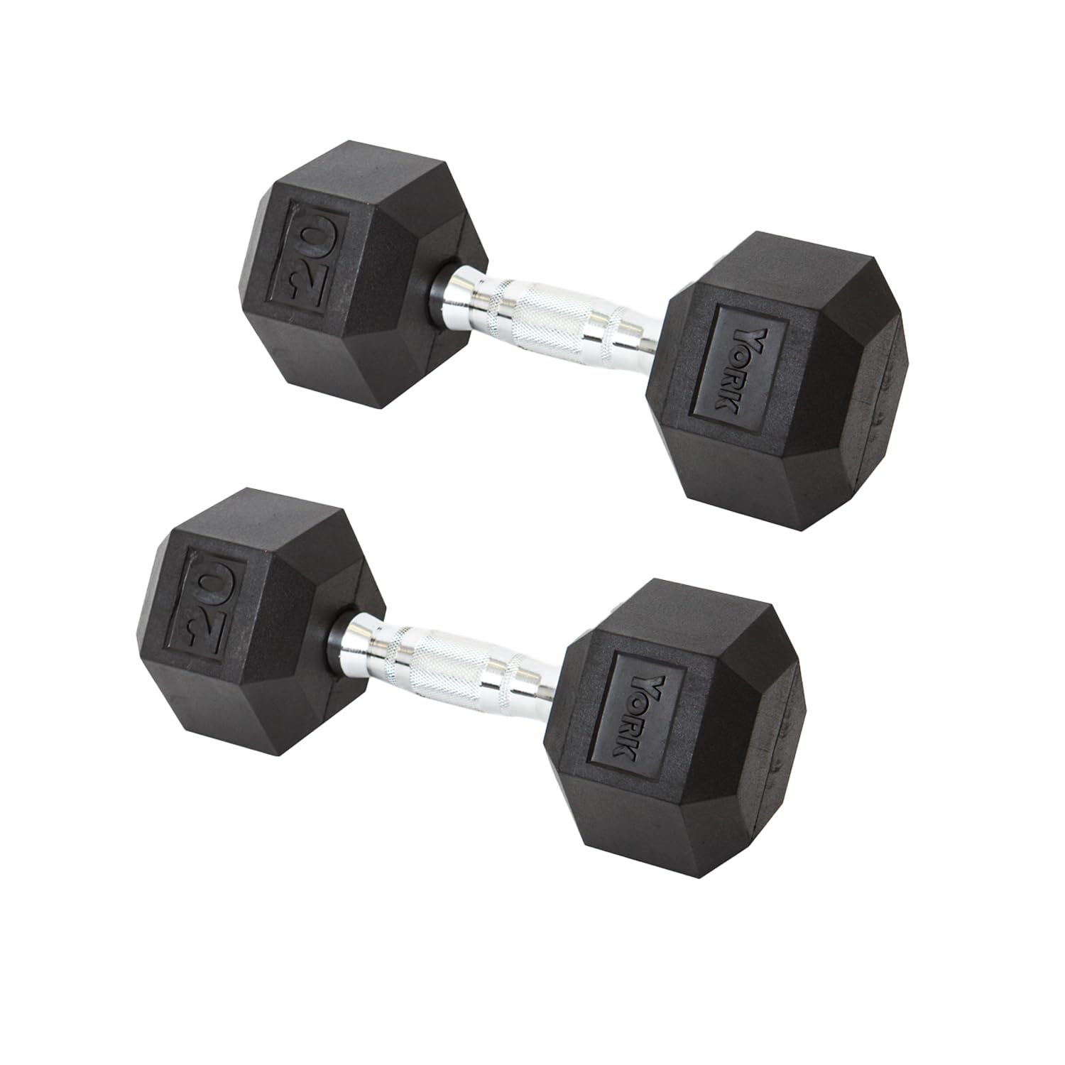 New York York Barbell Hex Dumbbell Set 20LB Rubber Coated Fixed Weight Dumbbells with Chrome Ergonomic Handle Odorless & Durable for Home Gym Women’s Strength Training Full Body Workouts - Pack of 2 Freeweights & Accessories