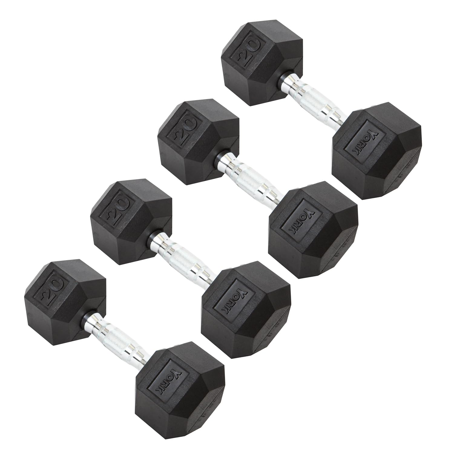 New York York Barbell Hex Dumbbell Set 20LB Rubber Coated Fixed Weight Dumbbells with Chrome Ergonomic Handle Odorless & Durable for Home Gym Women’s Strength Training Full Body Workouts - Pack of 4 Freeweights & Accessories