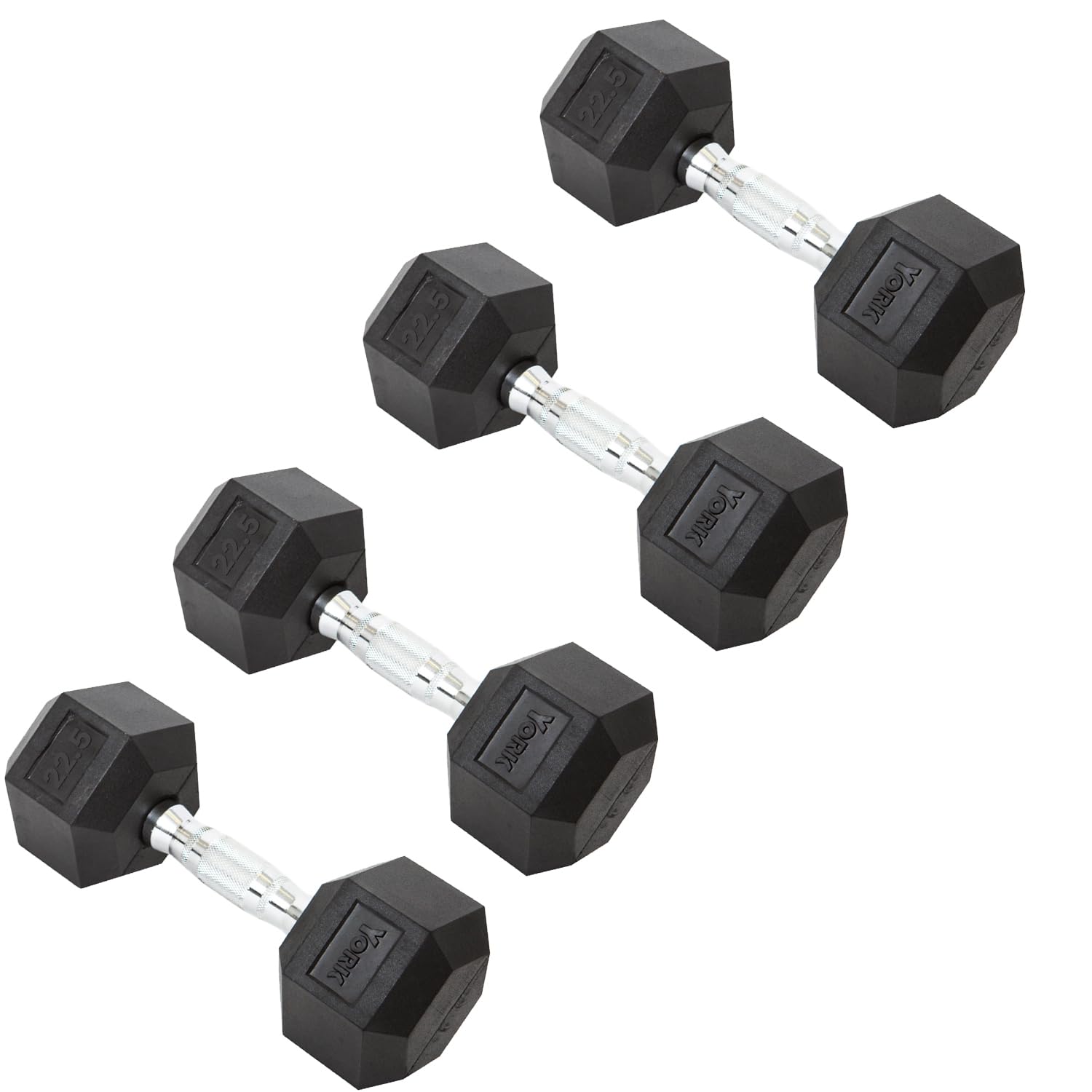 New York York Barbell Hex Dumbbell Set 22.5LB Rubber Coated Fixed Weight Dumbbells with Chrome Ergonomic Handle Odorless & Durable for Home Gym Women’s Strength Training Full Body Workouts - Pack of 4 Freeweights & Accessories