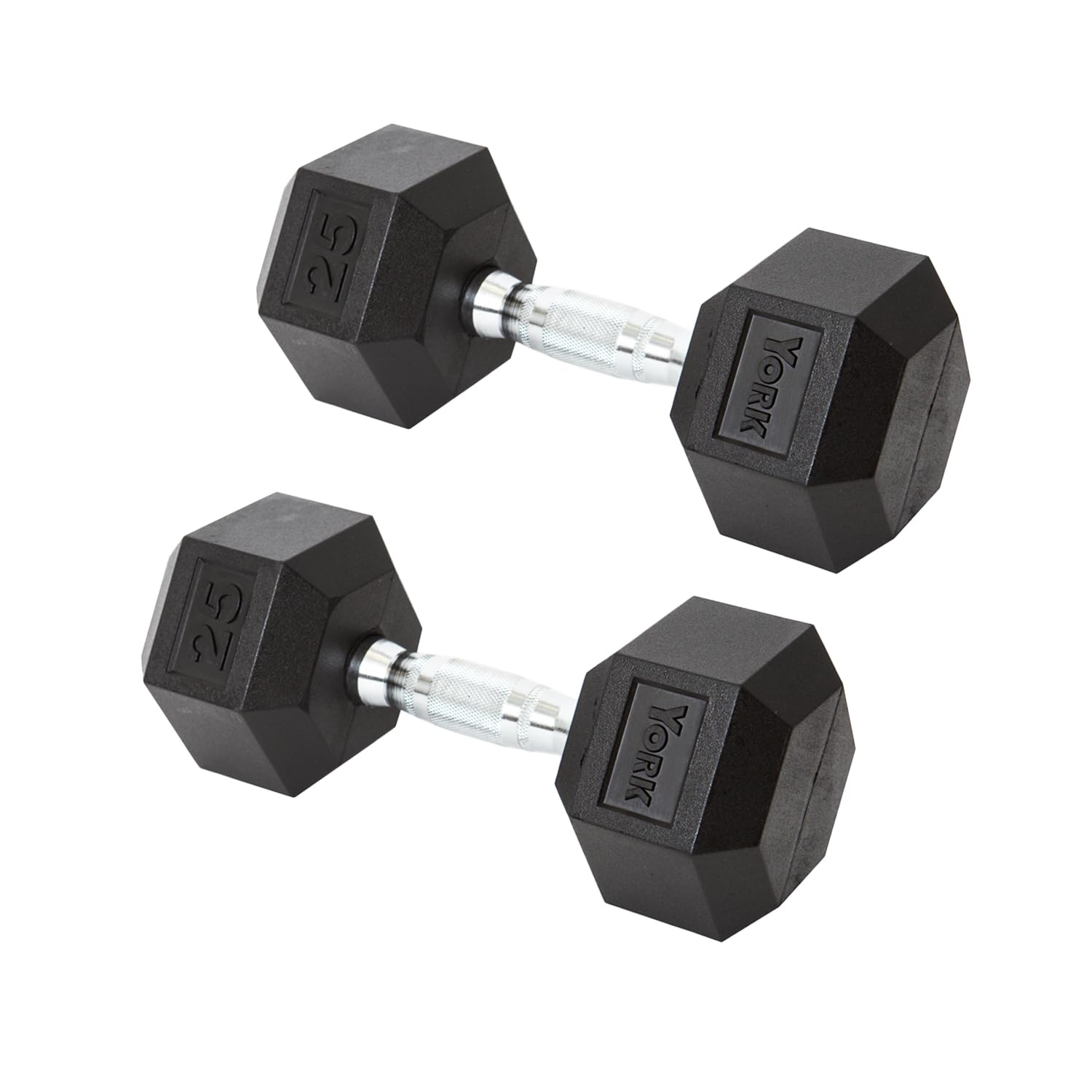 New York York Barbell Hex Dumbbell Set 25LB Rubber Coated Fixed Weight Dumbbells with Chrome Ergonomic Handle Odorless & Durable for Home Gym Women’s Strength Training Full Body Workouts - Pack of 2 Freeweights & Accessories