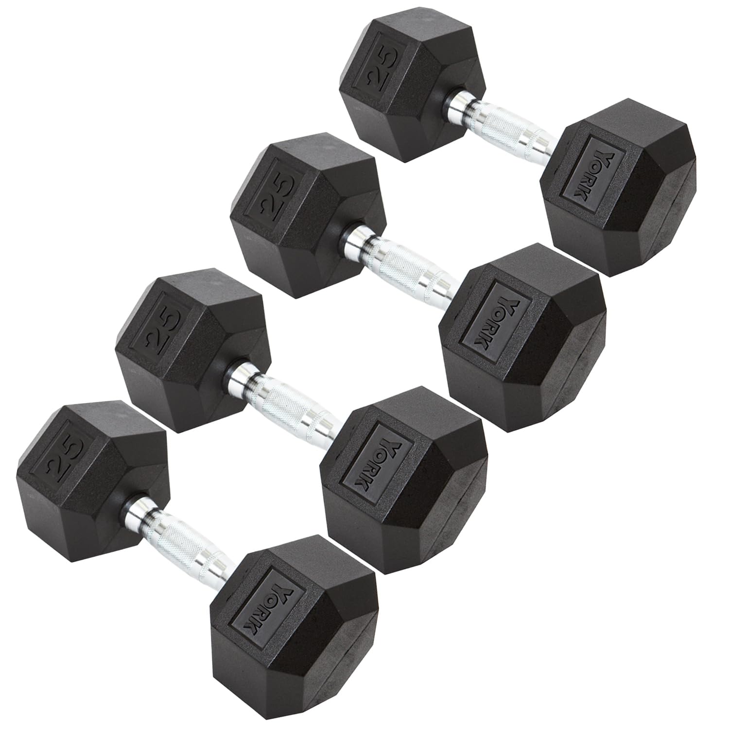 New York York Barbell Hex Dumbbell Set 25LB Rubber Coated Fixed Weight Dumbbells with Chrome Ergonomic Handle Odorless & Durable for Home Gym Women’s Strength Training Full Body Workouts - Pack of 4 Freeweights & Accessories
