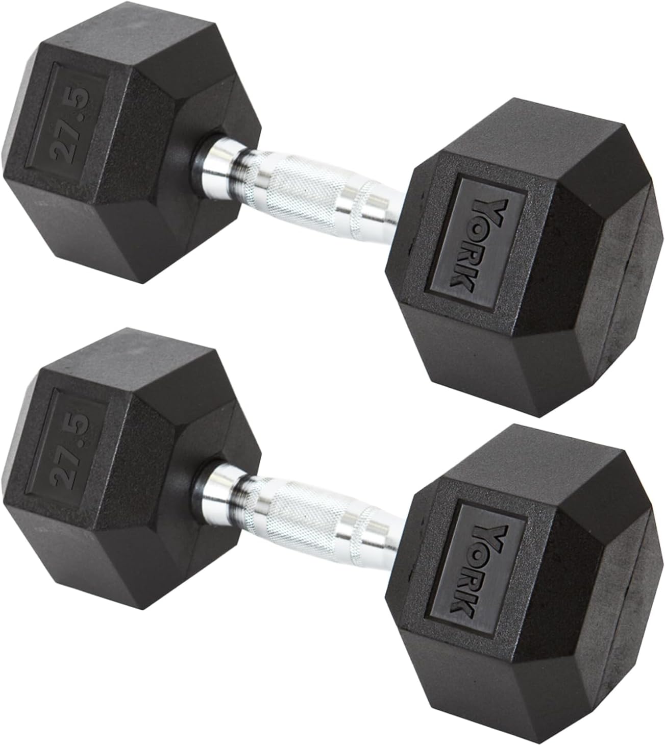 New York York Barbell Hex Dumbbell Set 27.5LB Rubber Coated Fixed Weight Dumbbells with Chrome Ergonomic Handle Odorless & Durable for Home Gym Women’s Strength Training Full Body Workouts - Pack of 2 Freeweights & Accessories