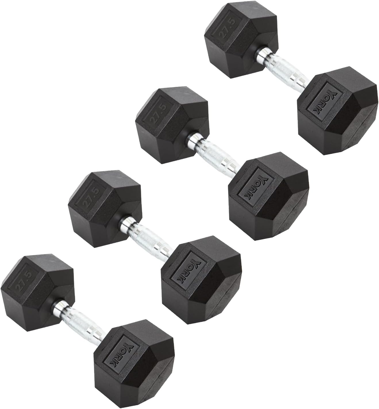 New York York Barbell Hex Dumbbell Set 27.5LB Rubber Coated Fixed Weight Dumbbells with Chrome Ergonomic Handle Odorless & Durable for Home Gym Women’s Strength Training Full Body Workouts - Pack of 4 Freeweights & Accessories