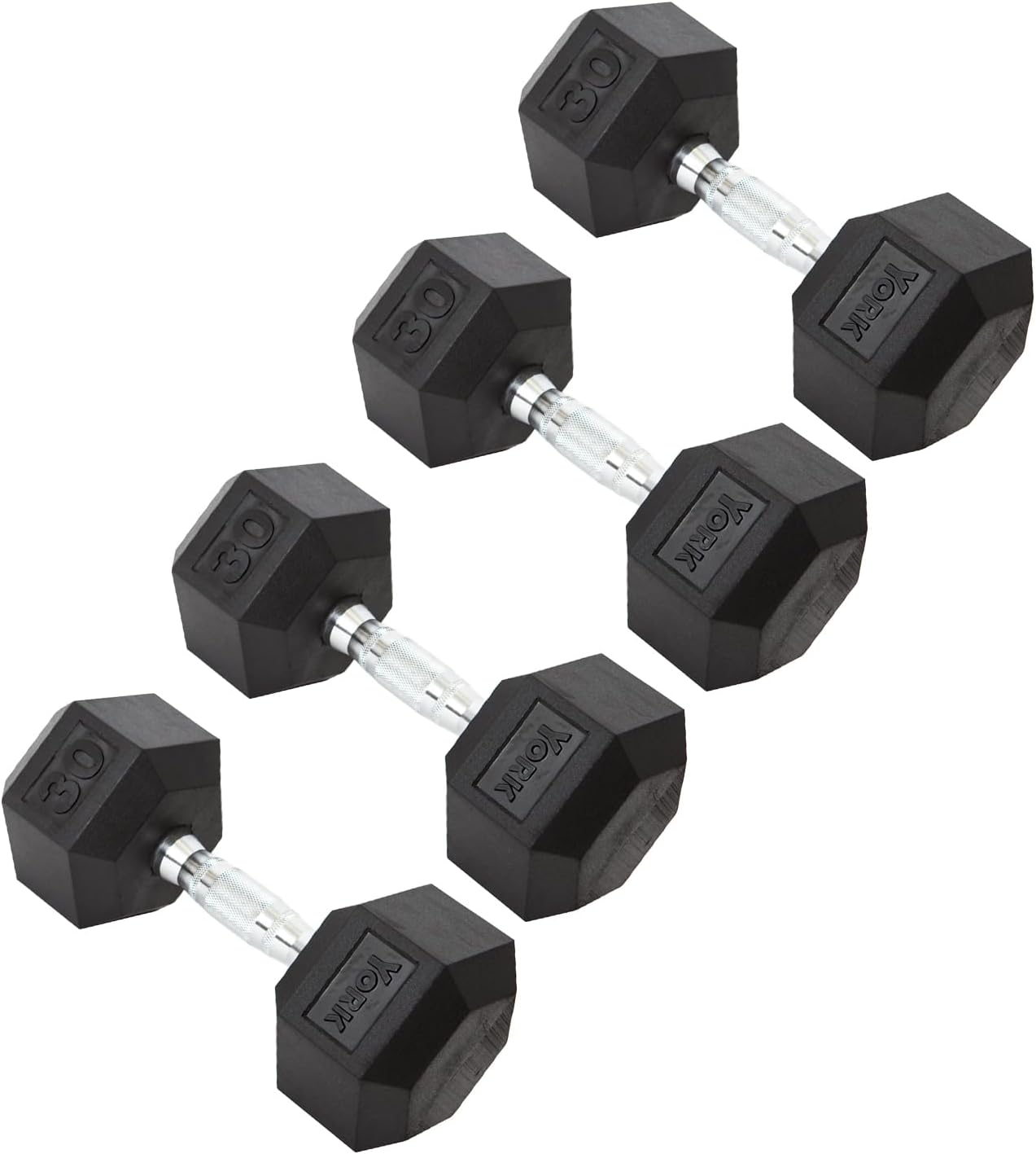 New York York Barbell Hex Dumbbell Set 30LB Rubber Coated Fixed Weight Dumbbells with Chrome Ergonomic Handle Odorless & Durable for Home Gym Women’s Strength Training Full Body Workouts - Pack of 4 Freeweights & Accessories