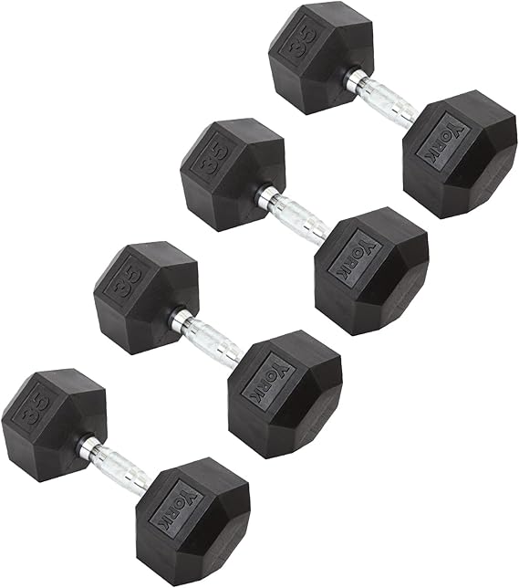 New York York Barbell Hex Dumbbell Set 35LB Rubber Coated Fixed Weight Dumbbells with Chrome Ergonomic Handle Odorless & Durable for Home Gym Women’s Strength Training Full Body Workouts - Pack of 4 Freeweights & Accessories
