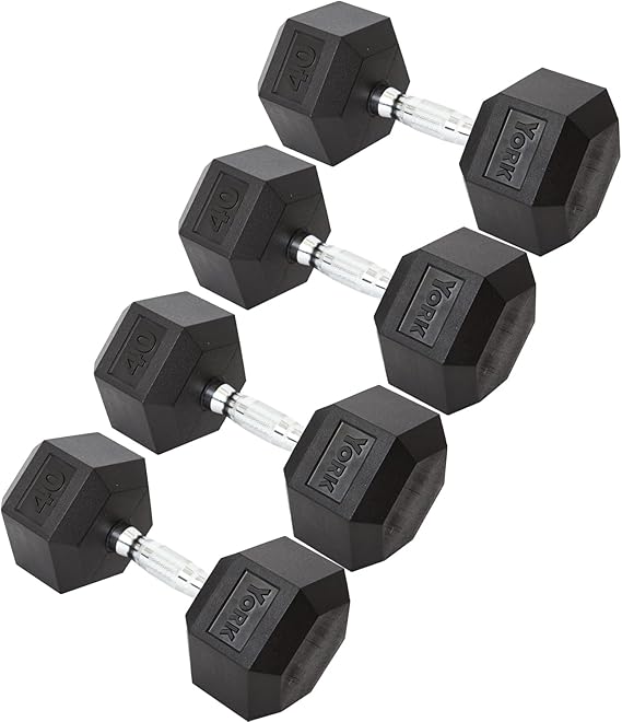 New York York Barbell Hex Dumbbell Set 40LB Rubber Coated Fixed Weight Dumbbells with Chrome Ergonomic Handle Odorless & Durable for Home Gym Women’s Strength Training Full Body Workouts - Pack of 4 Freeweights & Accessories
