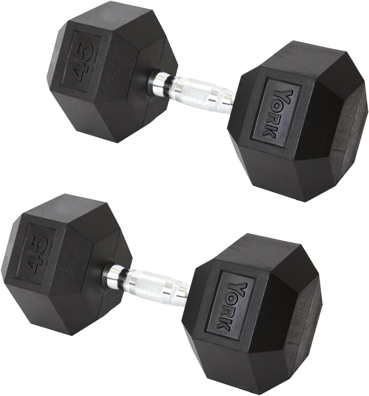 New York York Barbell Hex Dumbbell Set 45LB Rubber Coated Fixed Weight Dumbbells with Chrome Ergonomic Handle Odorless & Durable for Home Gym Women’s Strength Training Full Body Workouts - Pack of 2 Freeweights & Accessories