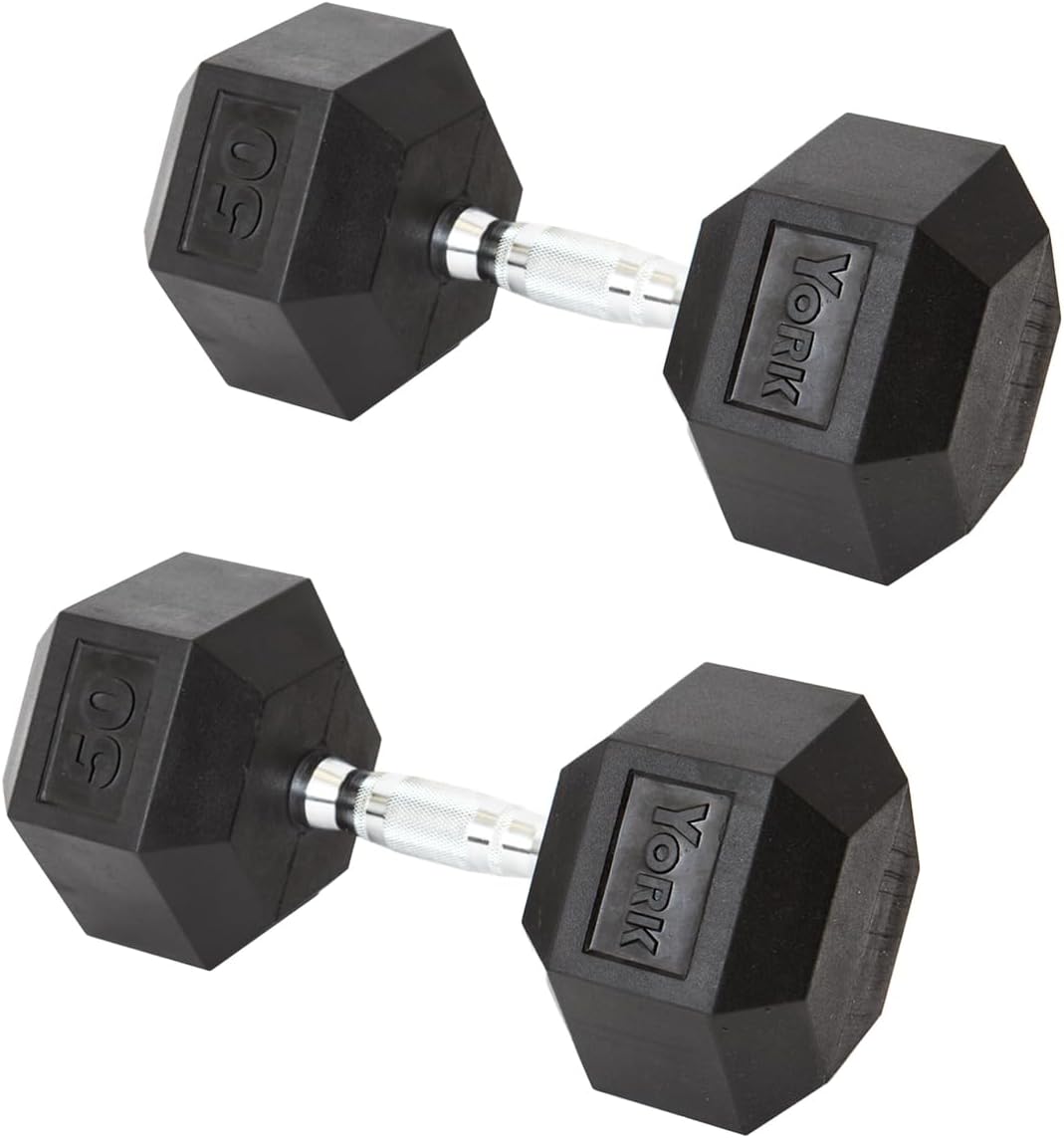 New York York Barbell Hex Dumbbell Set 50LB Rubber Coated Fixed Weight Dumbbells with Chrome Ergonomic Handle Odorless & Durable for Home Gym Women’s Strength Training Full Body Workouts - Pack of 2 Freeweights & Accessories