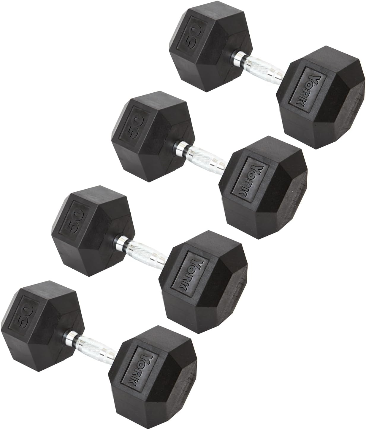 New York York Barbell Hex Dumbbell Set 50LB Rubber Coated Fixed Weight Dumbbells with Chrome Ergonomic Handle Odorless & Durable for Home Gym Women’s Strength Training Full Body Workouts - Pack of 4 Freeweights & Accessories