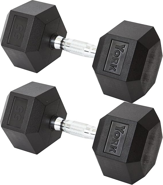 New York York Barbell Hex Dumbbell Set 55LB Rubber Coated Fixed Weight Dumbbells with Chrome Ergonomic Handle Odorless & Durable for Home Gym Women’s Strength Training Full Body Workouts - Pack of 2 Freeweights & Accessories