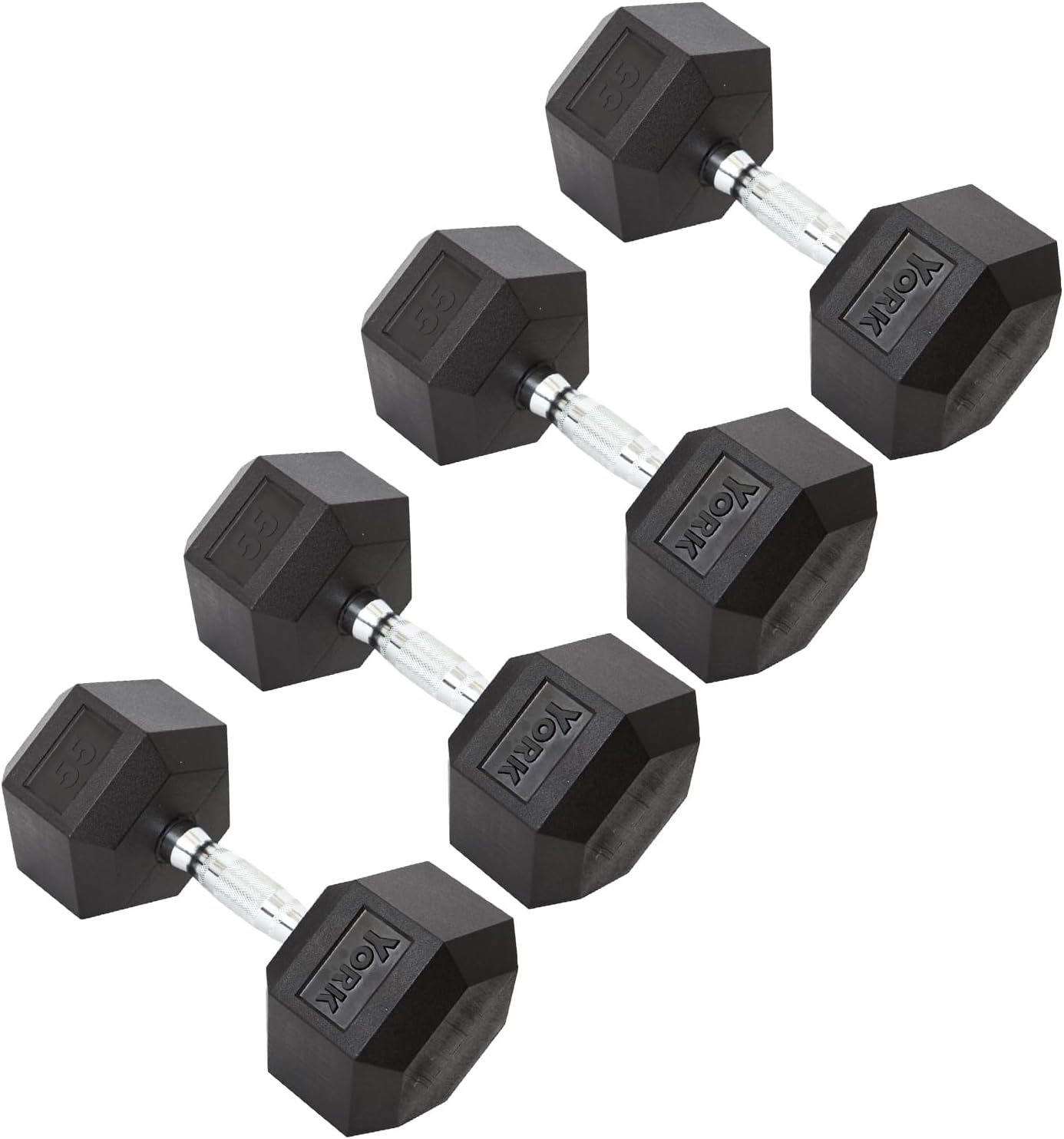 New York York Barbell Hex Dumbbell Set 55LB Rubber Coated Fixed Weight Dumbbells with Chrome Ergonomic Handle Odorless & Durable for Home Gym Women’s Strength Training Full Body Workouts - Pack of 1, 2 & 4 Freeweights & Accessories
