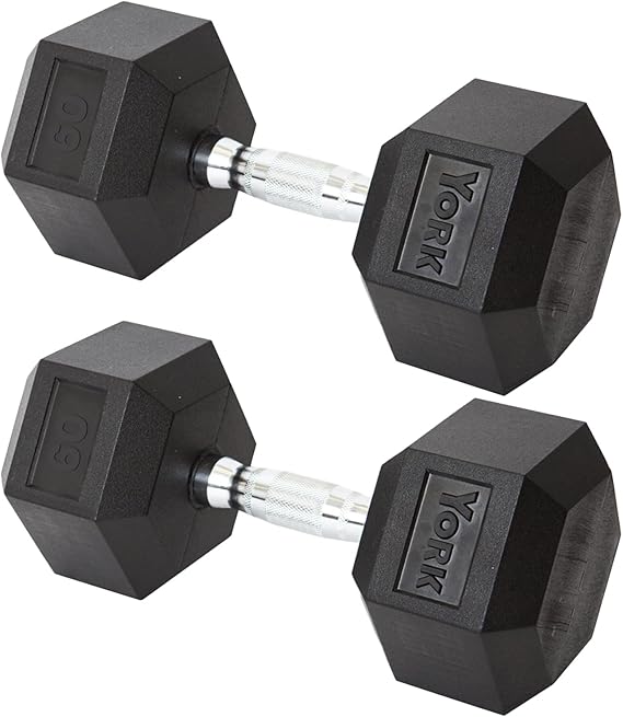 New York York Barbell Hex Dumbbell Set 60LB Rubber Coated Fixed Weight Dumbbells with Chrome Ergonomic Handle Odorless & Durable for Home Gym Women’s Strength Training Full Body Workouts - Pack of 2 Freeweights & Accessories