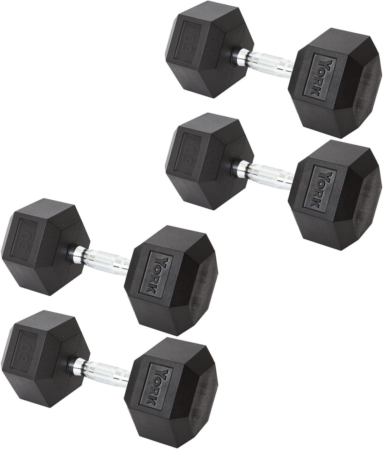 New York York Barbell Hex Dumbbell Set 60LB Rubber Coated Fixed Weight Dumbbells with Chrome Ergonomic Handle Odorless & Durable for Home Gym Women’s Strength Training Full Body Workouts - Pack of 4 Freeweights & Accessories