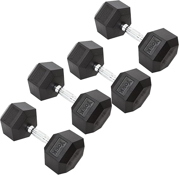 New York York Barbell Hex Dumbbell Set 65LB Rubber Coated Fixed Weight Dumbbells with Chrome Ergonomic Handle Odorless & Durable for Home Gym Women’s Strength Training Full Body Workouts - Pack of 4 Freeweights & Accessories