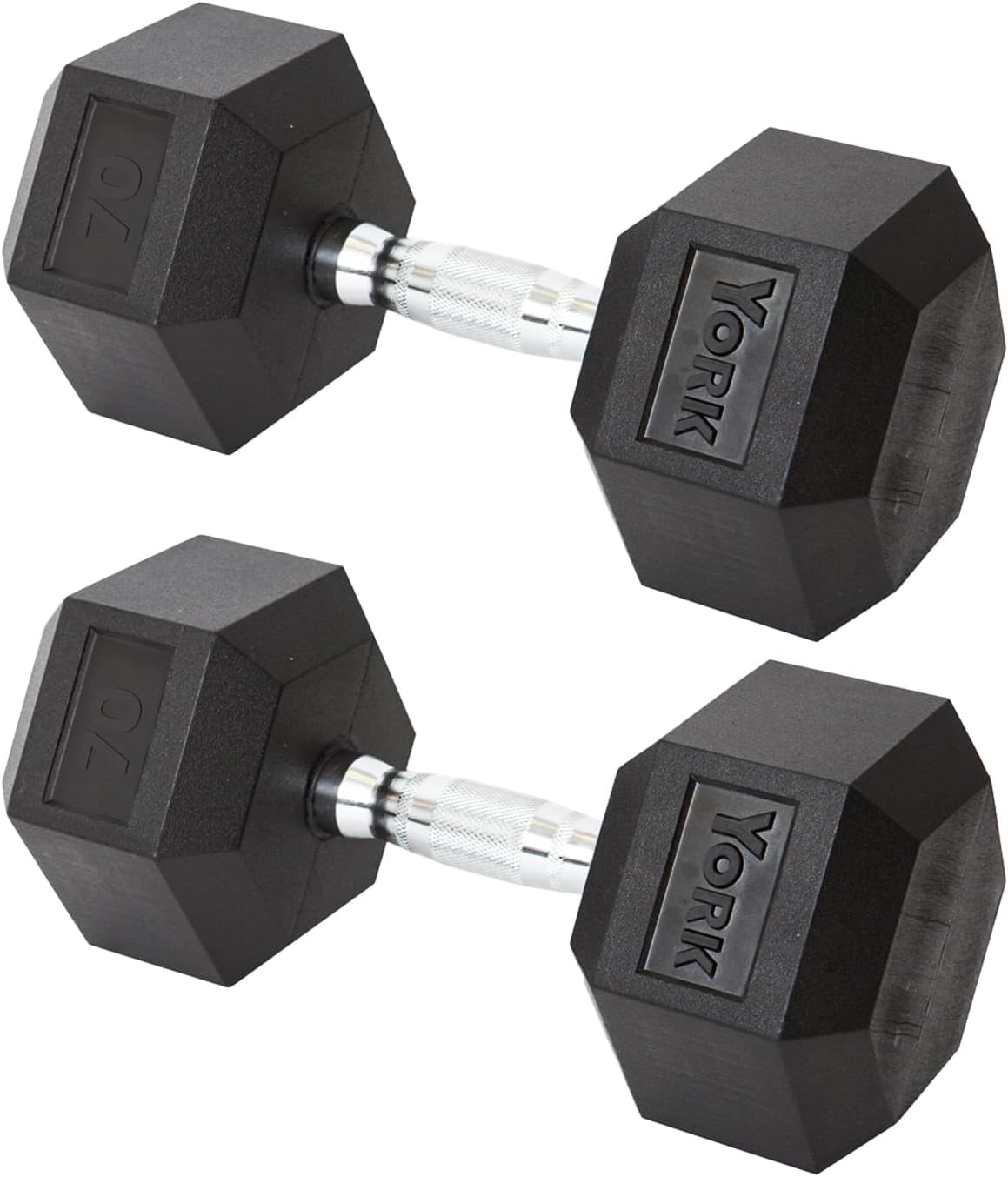 New York York Barbell Hex Dumbbell Set 70LB Rubber Coated Fixed Weight Dumbbells with Chrome Ergonomic Handle Odorless & Durable for Home Gym Women’s Strength Training Full Body Workouts - Pack of 2 Freeweights & Accessories