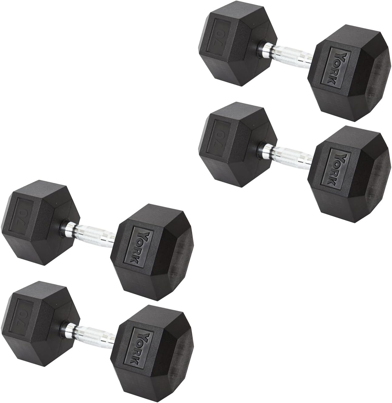 New York York Barbell Hex Dumbbell Set 70LB Rubber Coated Fixed Weight Dumbbells with Chrome Ergonomic Handle Odorless & Durable for Home Gym Women’s Strength Training Full Body Workouts - Pack of 4 Freeweights & Accessories