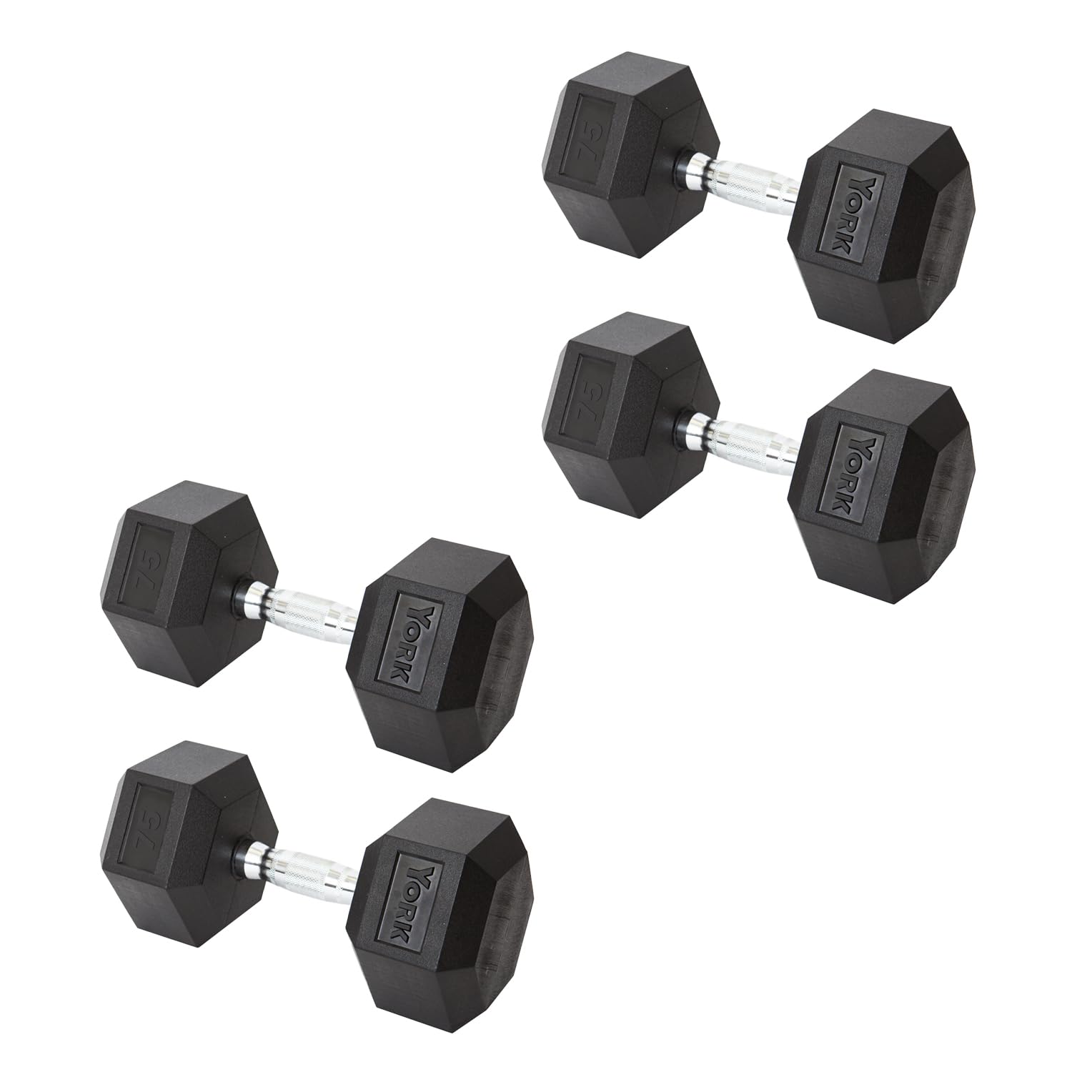 New York York Barbell Hex Dumbbell Set 75LB Rubber Coated Fixed Weight Dumbbells with Chrome Ergonomic Handle Odorless & Durable for Home Gym Women’s Strength Training Full Body Workouts - Pack of 4 Freeweights & Accessories
