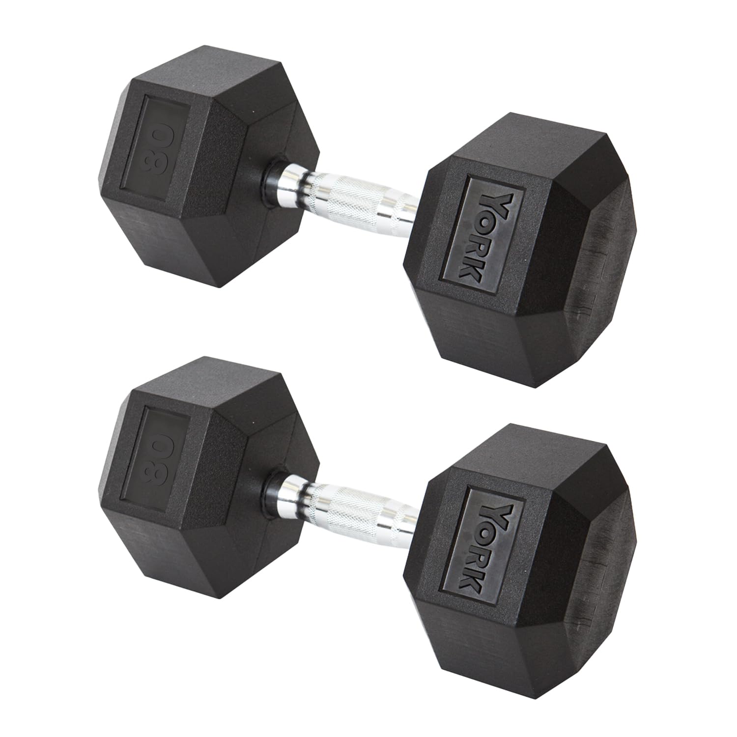 New York York Barbell Hex Dumbbell Set 80LB Rubber Coated Fixed Weight Dumbbells with Chrome Ergonomic Handle Odorless & Durable for Home Gym Women’s Strength Training Full Body Workouts - Pack of 2 Freeweights & Accessories