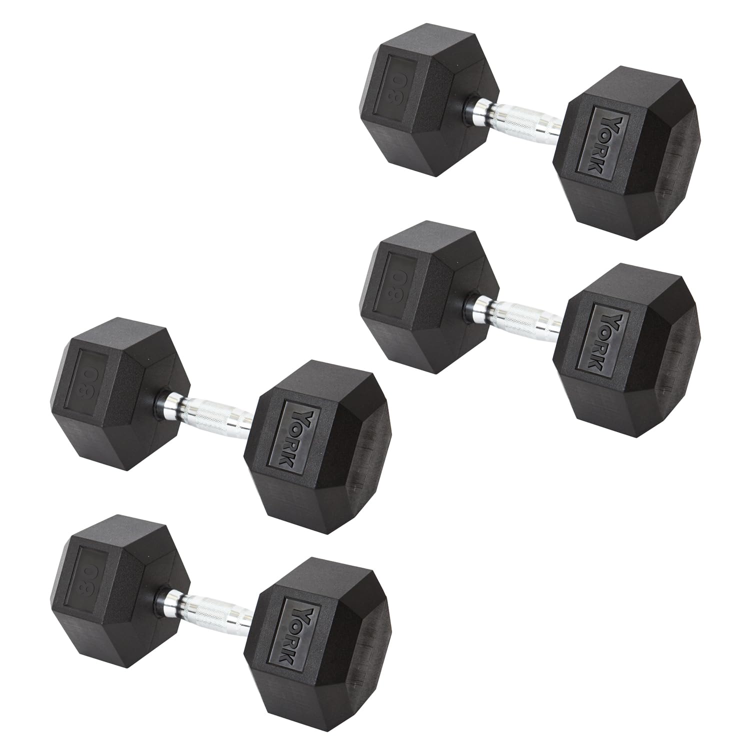 New York York Barbell Hex Dumbbell Set 80LB Rubber Coated Fixed Weight Dumbbells with Chrome Ergonomic Handle Odorless & Durable for Home Gym Women’s Strength Training Full Body Workouts - Pack of 4 Freeweights & Accessories