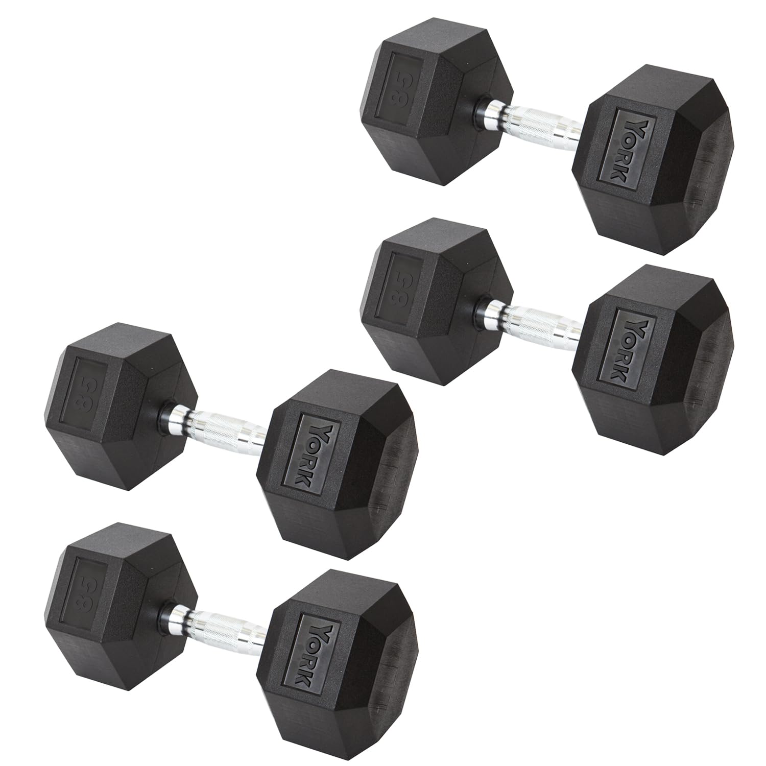 New York York Barbell Hex Dumbbell Set 85LB Rubber Coated Fixed Weight Dumbbells with Chrome Ergonomic Handle Odorless & Durable for Home Gym Women’s Strength Training Full Body Workouts - Pack of 4 Freeweights & Accessories