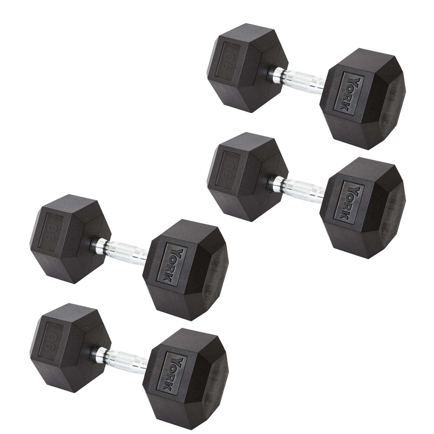 New York York Barbell Hex Dumbbell Set 90LB Rubber Coated Fixed Weight Dumbbells with Chrome Ergonomic Handle Odorless & Durable for Home Gym Women’s Strength Training Full Body Workouts - Pack of 4 Freeweights & Accessories