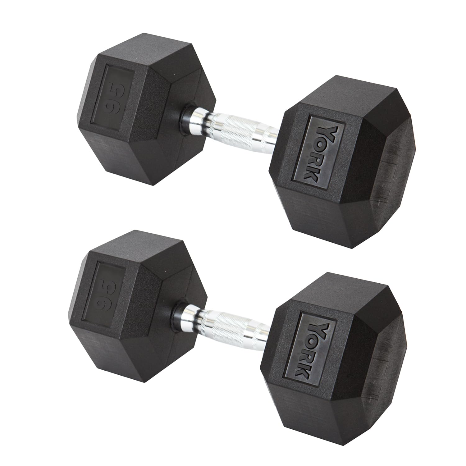 New York York Barbell Hex Dumbbell Set 95LB Rubber Coated Fixed Weight Dumbbells with Chrome Ergonomic Handle Odorless & Durable for Home Gym Women’s Strength Training Full Body Workouts - Pack of 2 Freeweights & Accessories