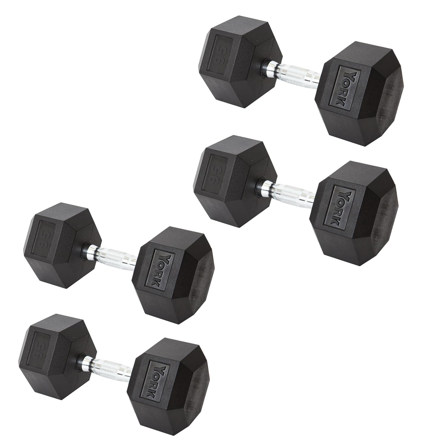 New York York Barbell Hex Dumbbell Set 95LB Rubber Coated Fixed Weight Dumbbells with Chrome Ergonomic Handle Odorless & Durable for Home Gym Women’s Strength Training Full Body Workouts - Pack of 4 Freeweights & Accessories