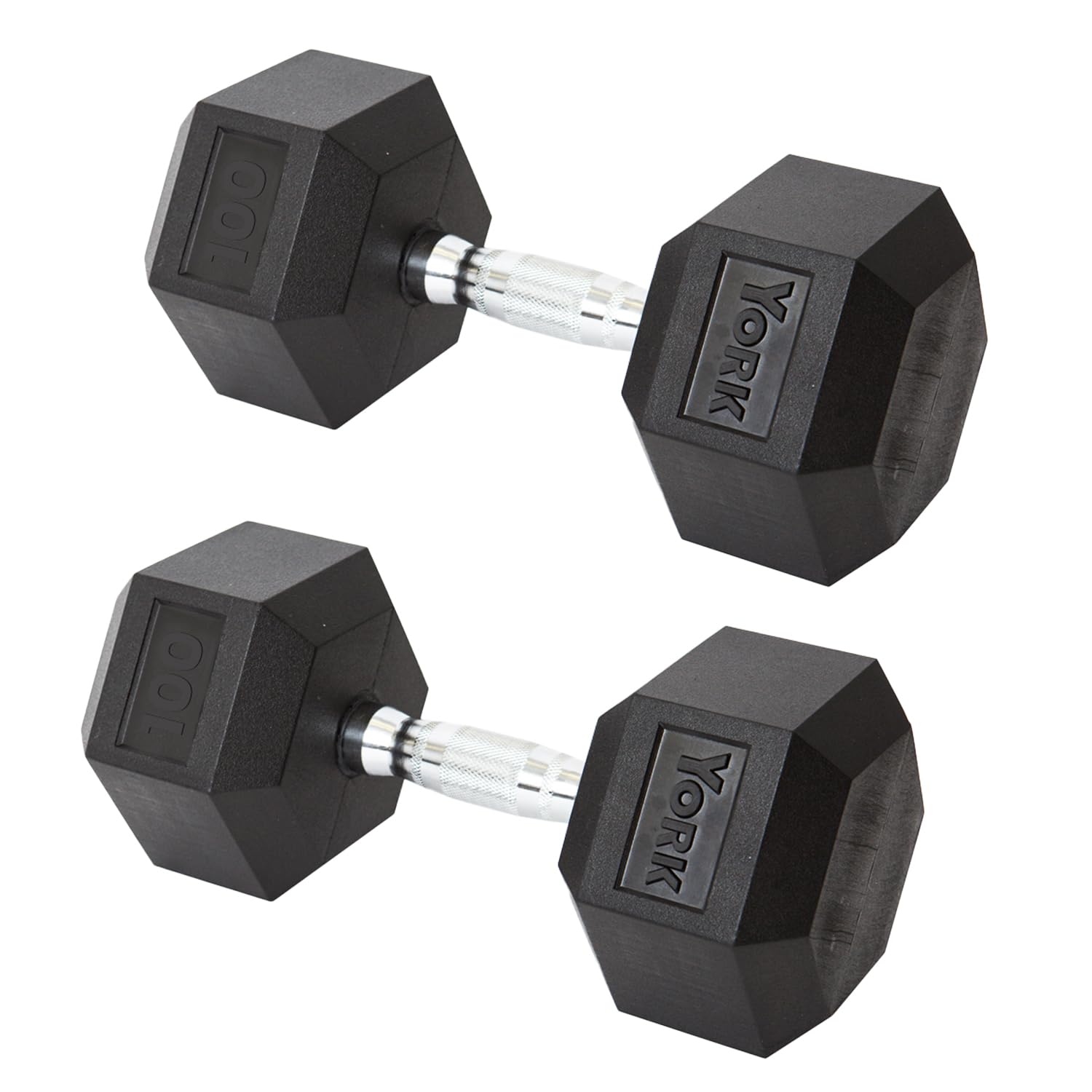 New York York Barbell Hex Dumbbell Set 100LB Rubber Coated Fixed Weight Dumbbells with Chrome Ergonomic Handle Odorless & Durable for Home Gym Women’s Strength Training Full Body Workouts - Pack of 2 Freeweights & Accessories