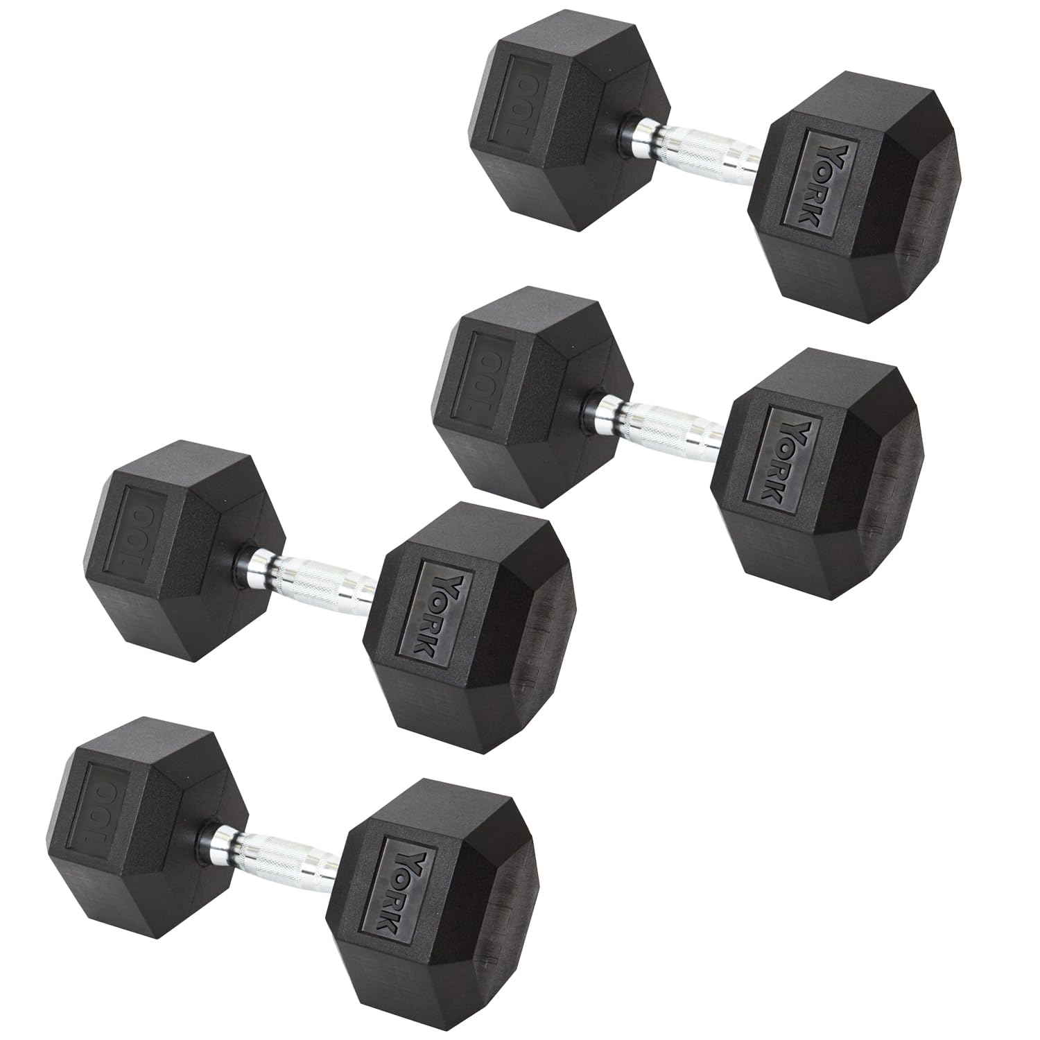 New York York Barbell Hex Dumbbell Set 100LB Rubber Coated Fixed Weight Dumbbells with Chrome Ergonomic Handle Odorless & Durable for Home Gym Women’s Strength Training Full Body Workouts - Pack of 4 Freeweights & Accessories