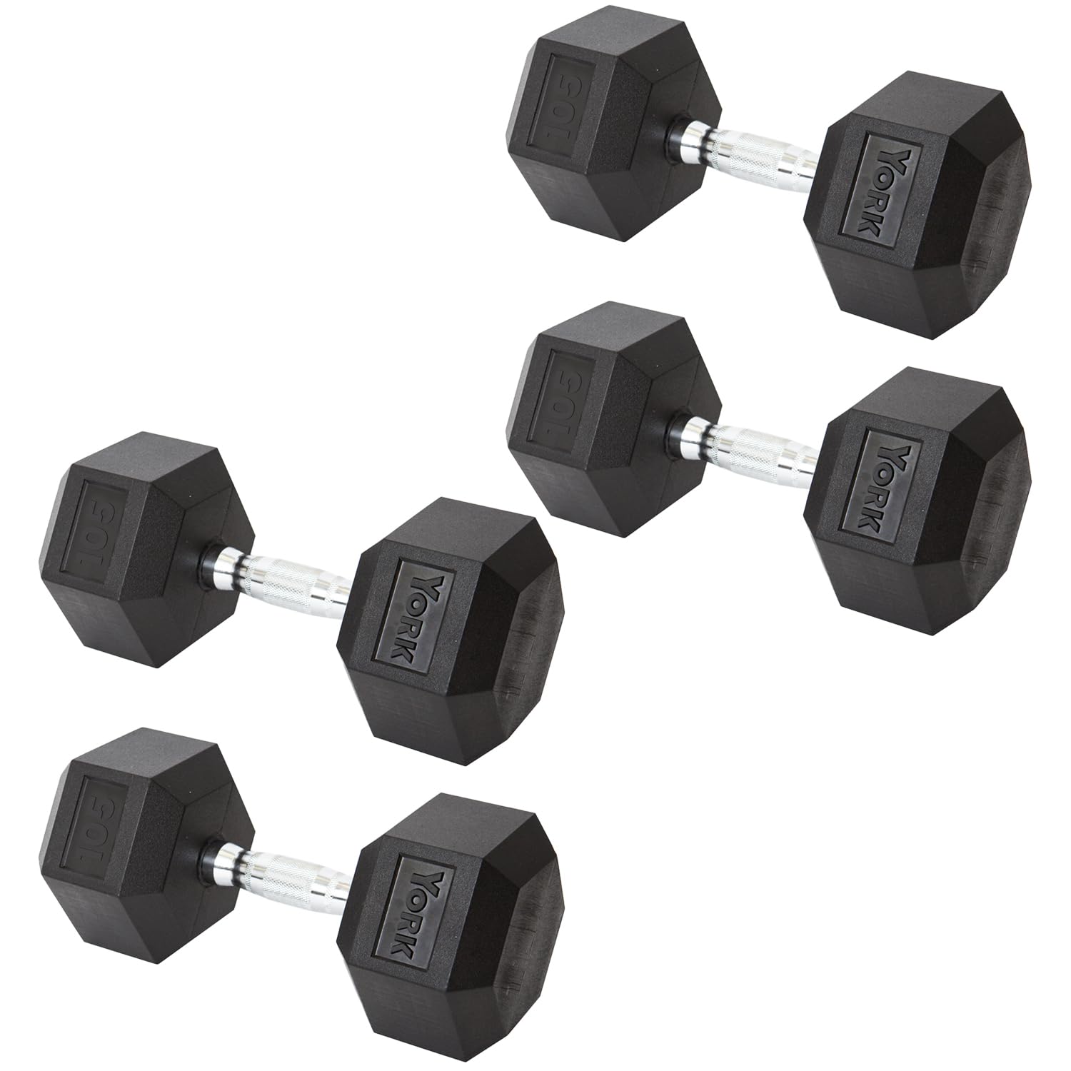 New York York Barbell Hex Dumbbell Set 105LB Rubber Coated Fixed Weight Dumbbells with Chrome Ergonomic Handle Odorless & Durable for Home Gym Women’s Strength Training Full Body Workouts - Pack of 4 Freeweights & Accessories