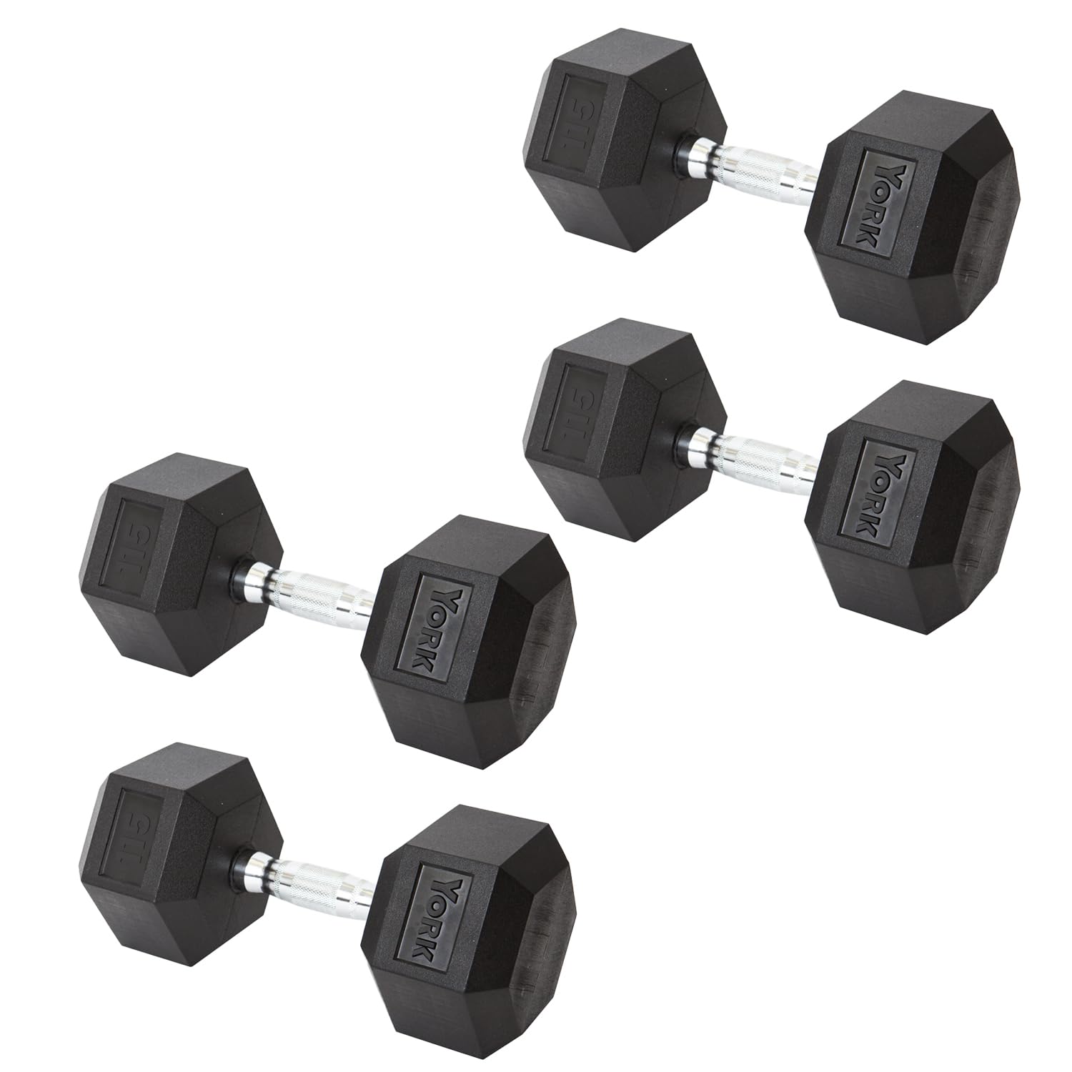 New York York Barbell Hex Dumbbell Set 115LB Rubber Coated Fixed Weight Dumbbells with Chrome Ergonomic Handle Odorless & Durable for Home Gym Women’s Strength Training Full Body Workouts - Pack of 4 Freeweights & Accessories