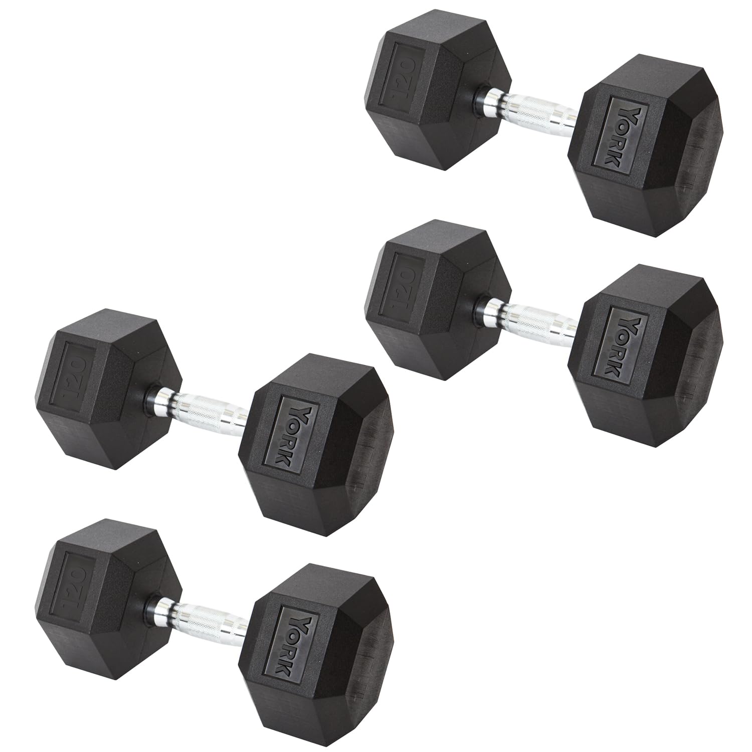 New York York Barbell Hex Dumbbell Set 120LB Rubber Coated Fixed Weight Dumbbells with Chrome Ergonomic Handle Odorless & Durable for Home Gym Women’s Strength Training Full Body Workouts - Pack of 4 Freeweights & Accessories