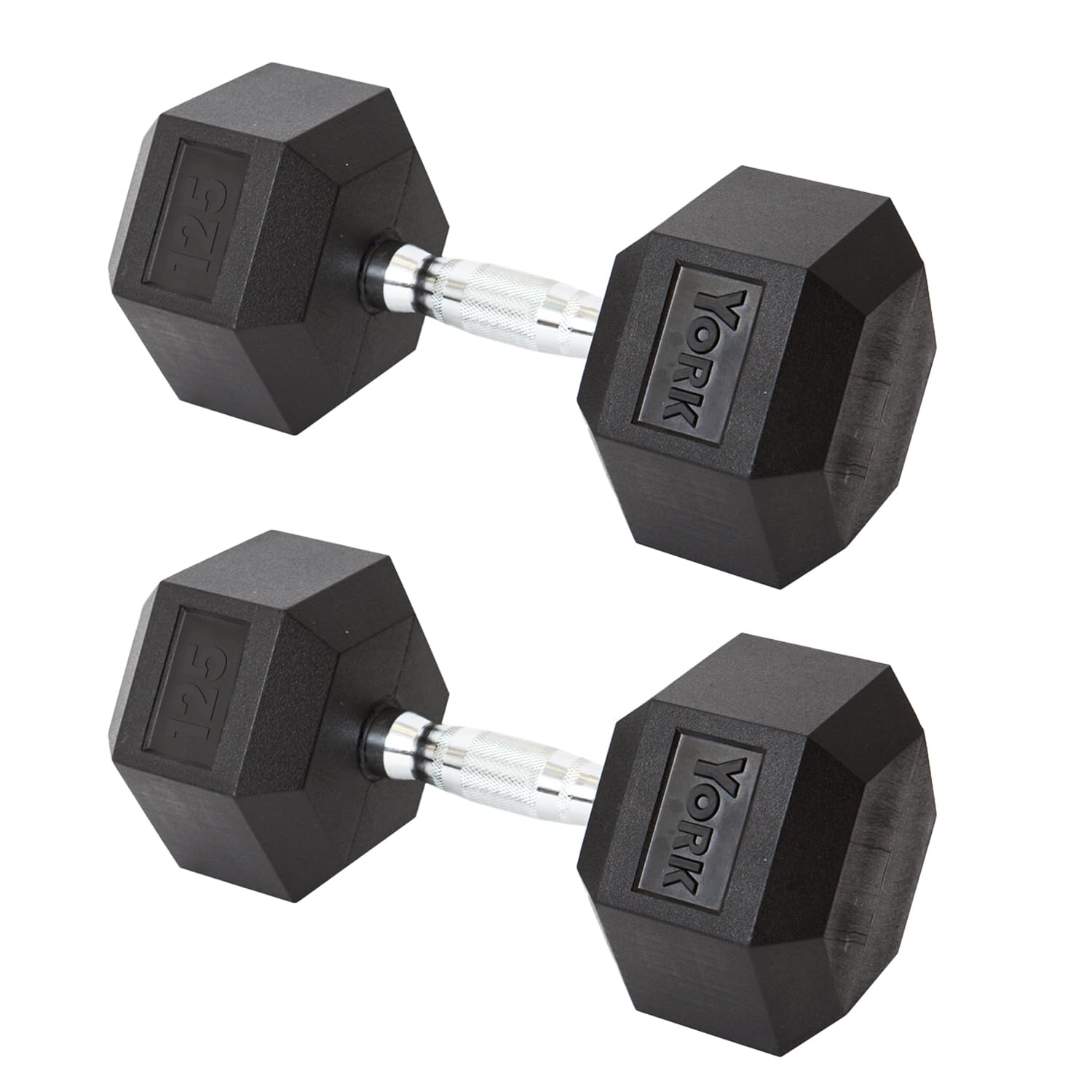 New York York Barbell Hex Dumbbell Set 125LB Rubber Coated Fixed Weight Dumbbells with Chrome Ergonomic Handle Odorless & Durable for Home Gym Women’s Strength Training Full Body Workouts - Pack of 2 Freeweights & Accessories