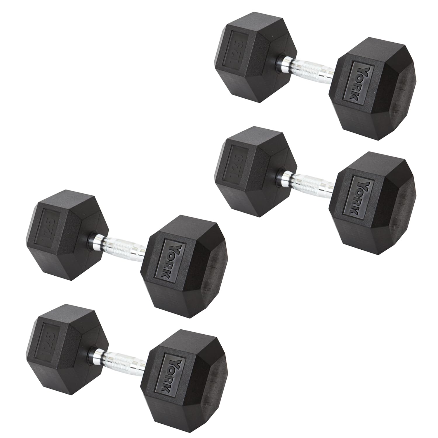 New York York Barbell Hex Dumbbell Set 125LB Rubber Coated Fixed Weight Dumbbells with Chrome Ergonomic Handle Odorless & Durable for Home Gym Women’s Strength Training Full Body Workouts - Pack of 4 Freeweights & Accessories