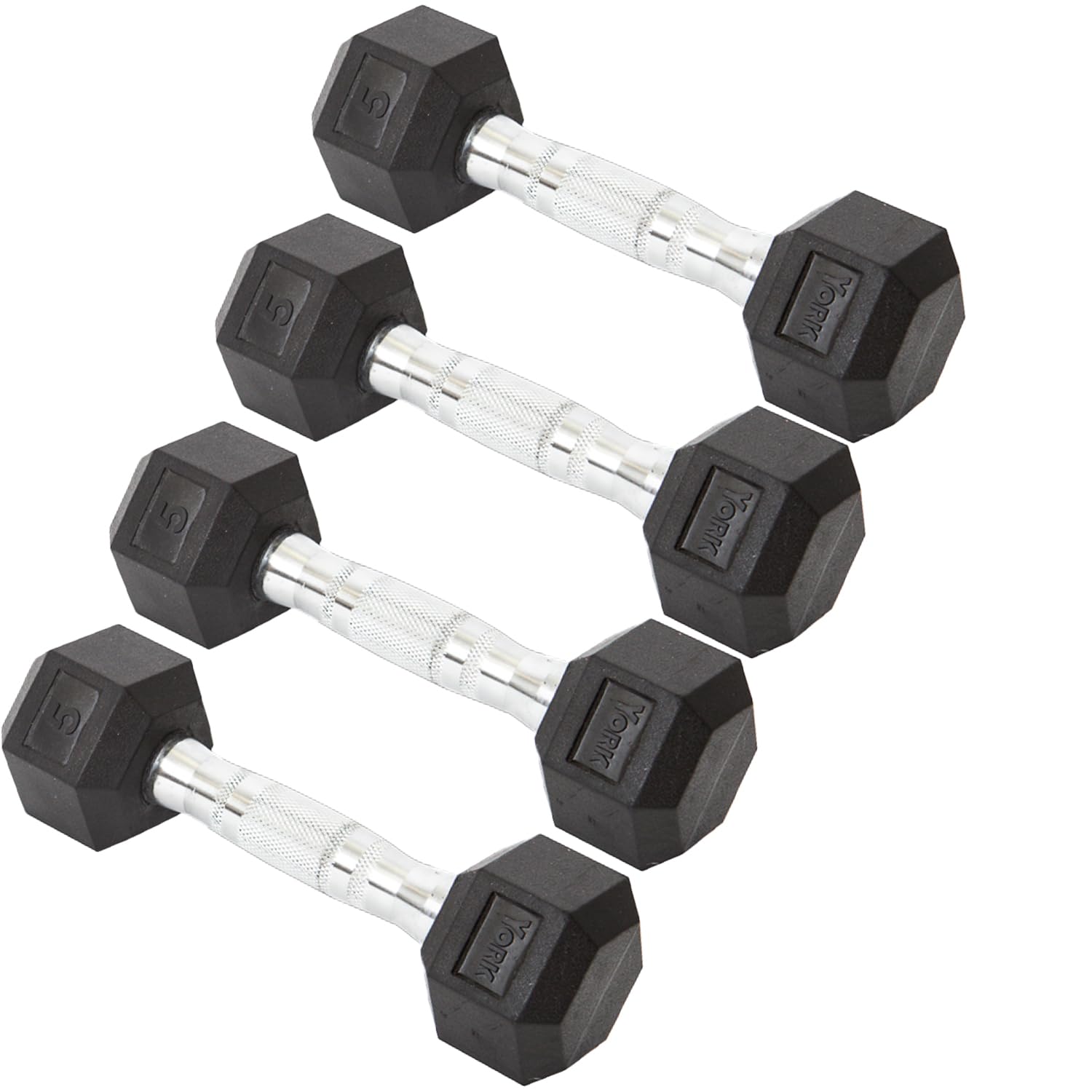 New Freeweights York Barbell Hex Dumbbell Set 5LB Rubber Coated Fixed Weight Dumbbells with Chrome Ergonomic Handle Odorless & Durable for Home Gym Women’s Strength Training Full Body Workouts - Pack of 4 York Freeweight