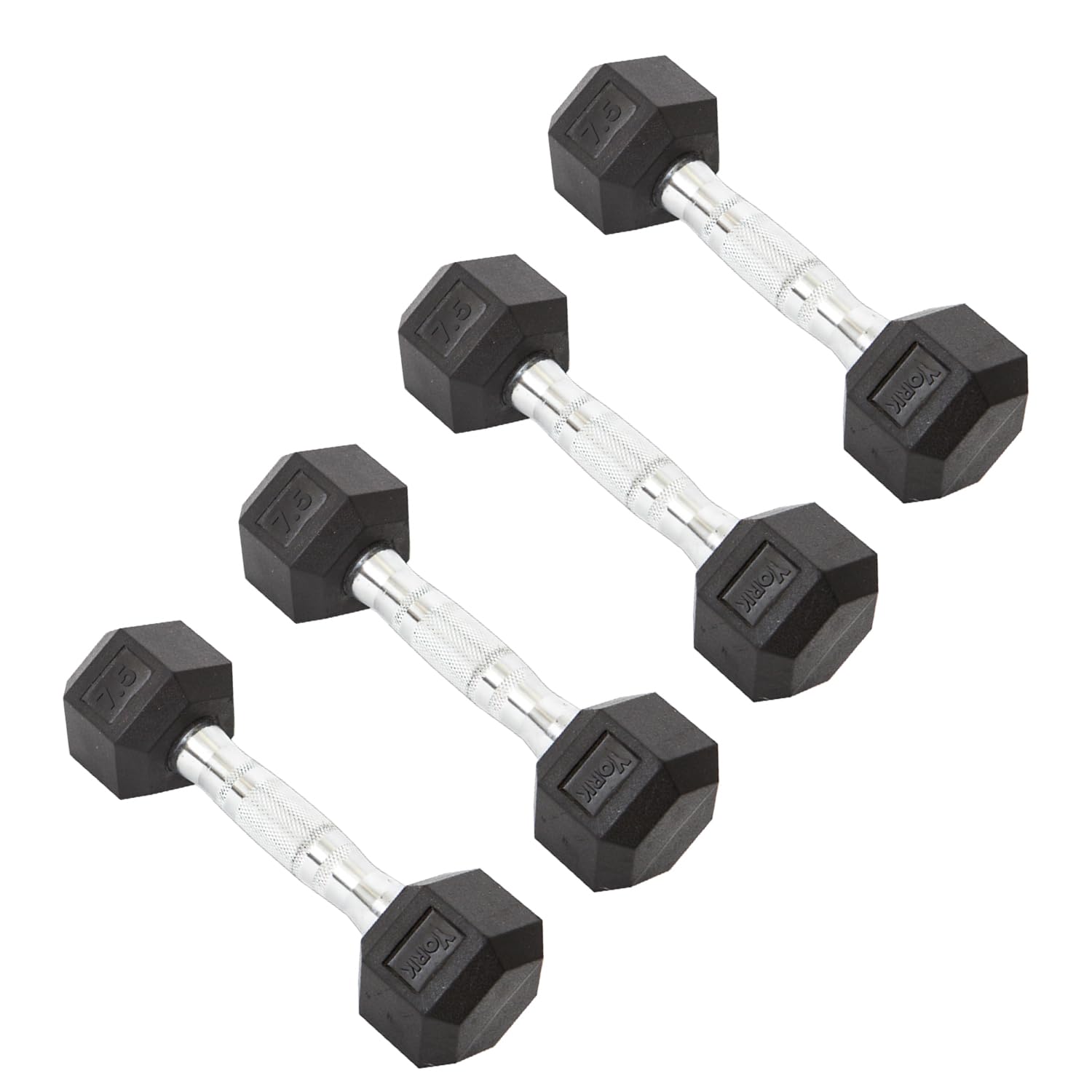 New Freeweights York Barbell Hex Dumbbell Set 7.5LB Rubber Coated Fixed Weight Dumbbells with Chrome Ergonomic Handle Odorless & Durable for Home Gym Women’s Strength Training Full Body Workouts - Pack of 4 Freeweights & Accessories