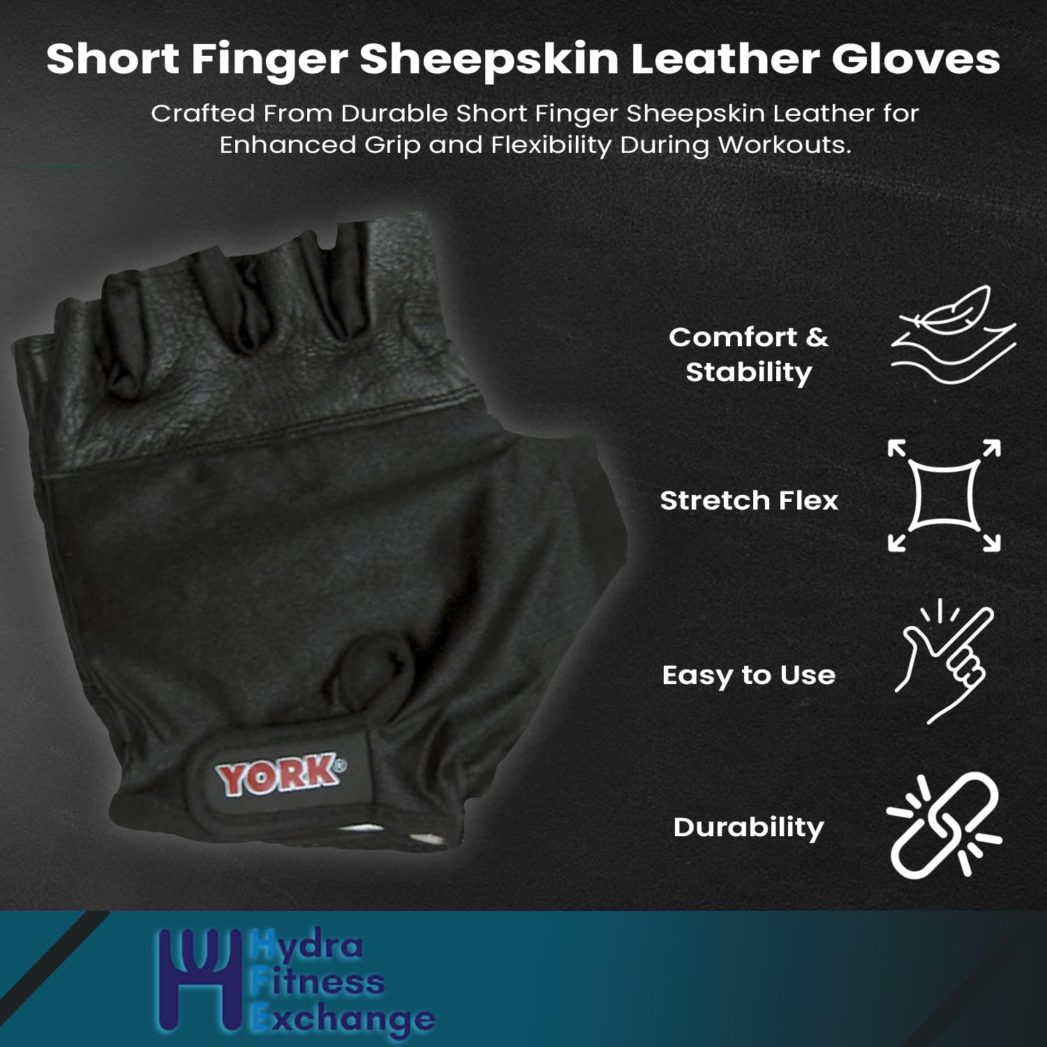 New York Barbell Medium Fitness Gloves | Short Finger Leather & Lycra, Black York Freeweight