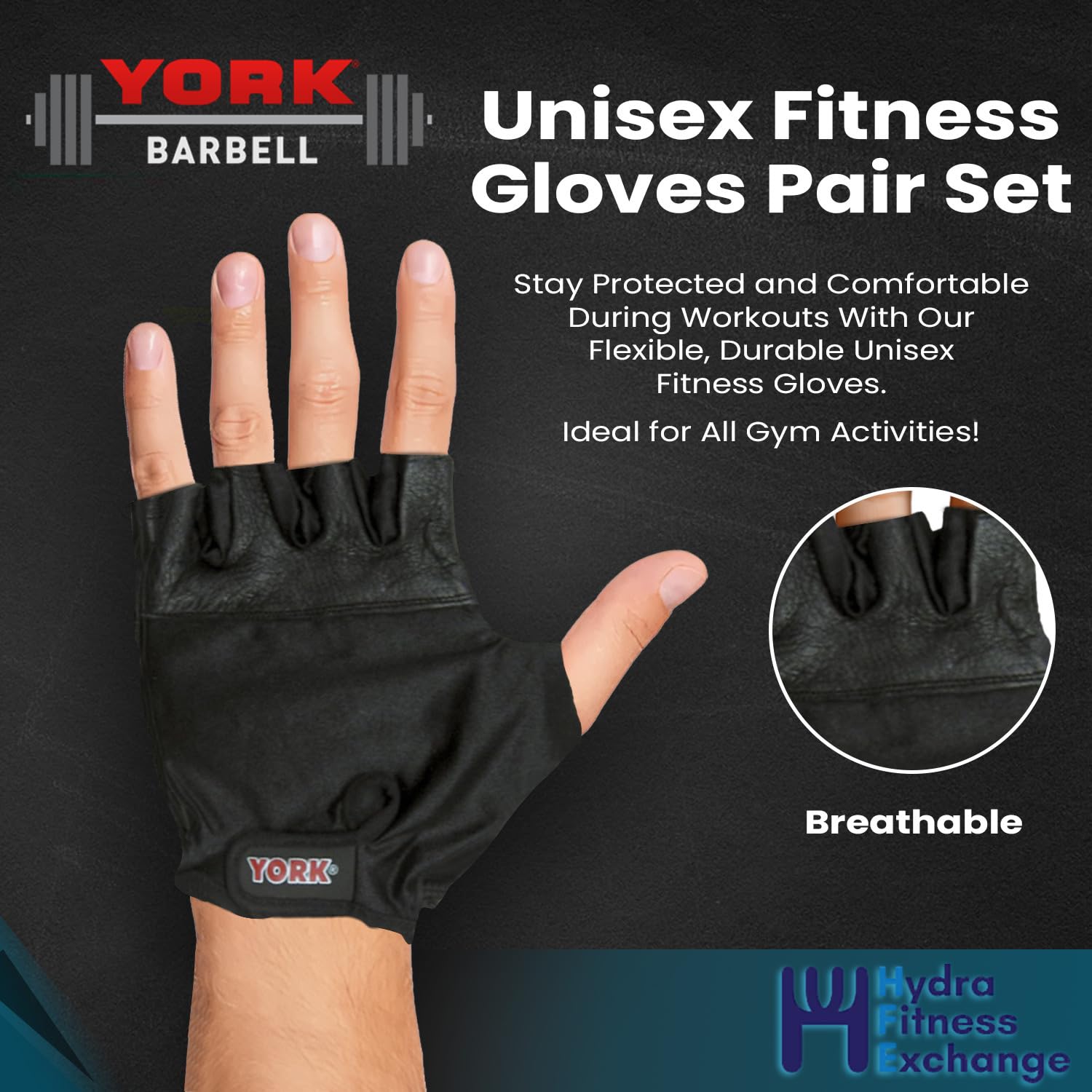 New York Barbell Medium Fitness Gloves | Short Finger Leather & Lycra, Black York Freeweight