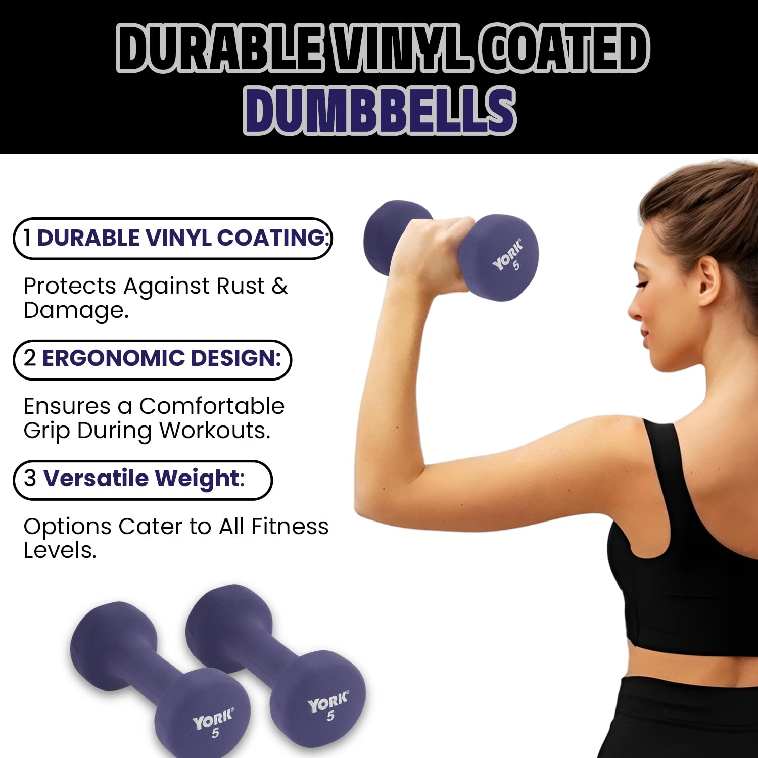 New York Barbell 5LB Neoprene Dumbbells (Pair), Anti-Slip Anti-Roll Fitbell Weights – Purple York Freeweight