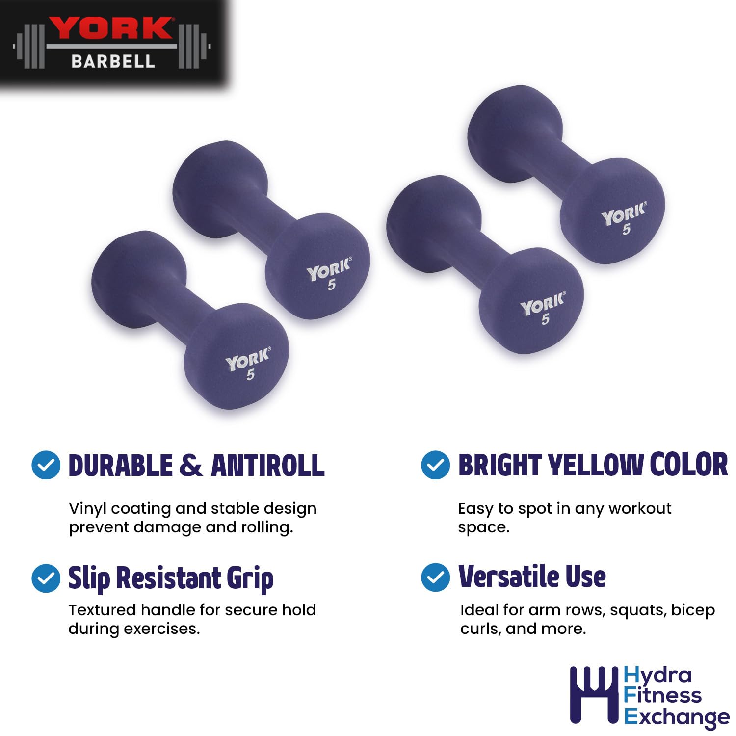 New York Barbell 5LB Neoprene Dumbbells (Pair), Anti-Slip Anti-Roll Fitbell Weights – Purple York Freeweight