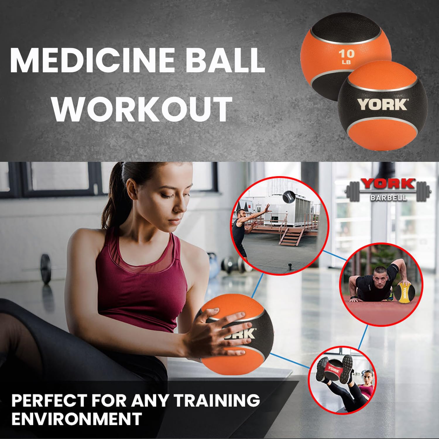 New York 14lb 2-Tone Medicine Ball (Brown) &ndash; Non-Slip Dual Grip York Freeweight