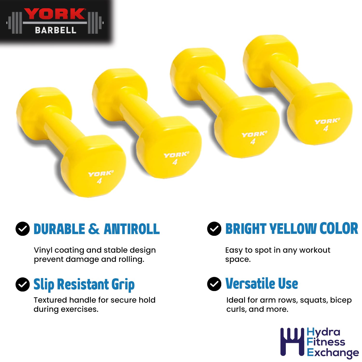 New York Barbell 4lb Vinyl Coated Fitbell Dumbbell (Yellow) | Anti-Roll, Anti-Slip York Freeweight