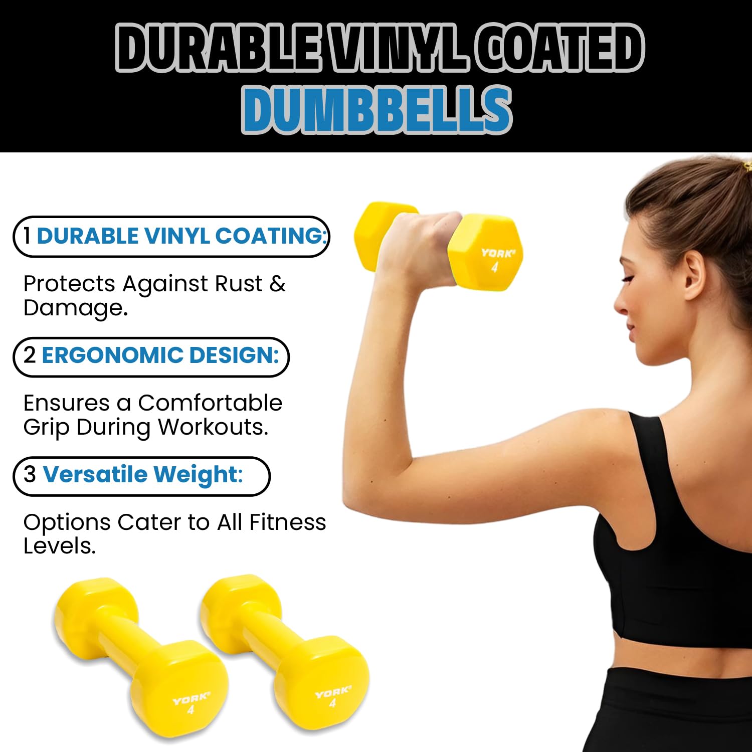 New York Barbell 4lb Vinyl Coated Fitbell Dumbbell (Yellow) | Anti-Roll, Anti-Slip York Freeweight