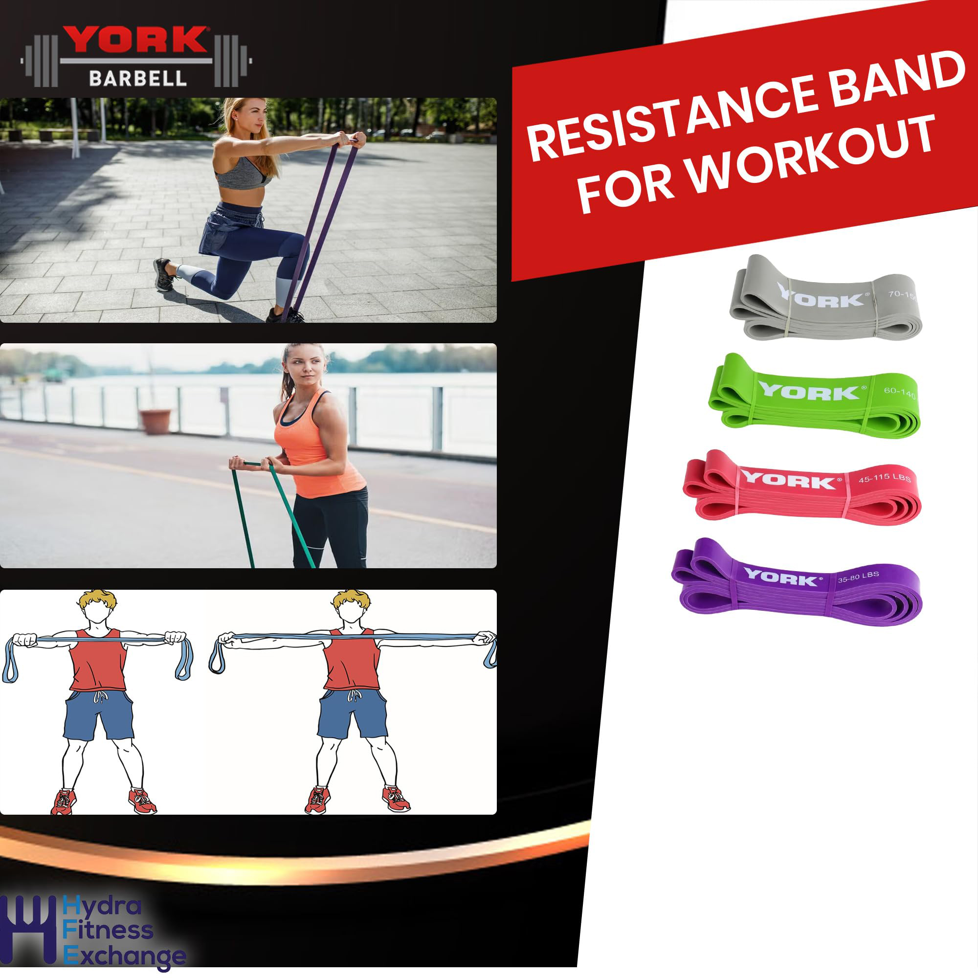 New York Heavy Resistance Band Set (4 Bands) 40&ndash;150lbs &ndash; Pull Up & Strength Training Bands York Freeweight