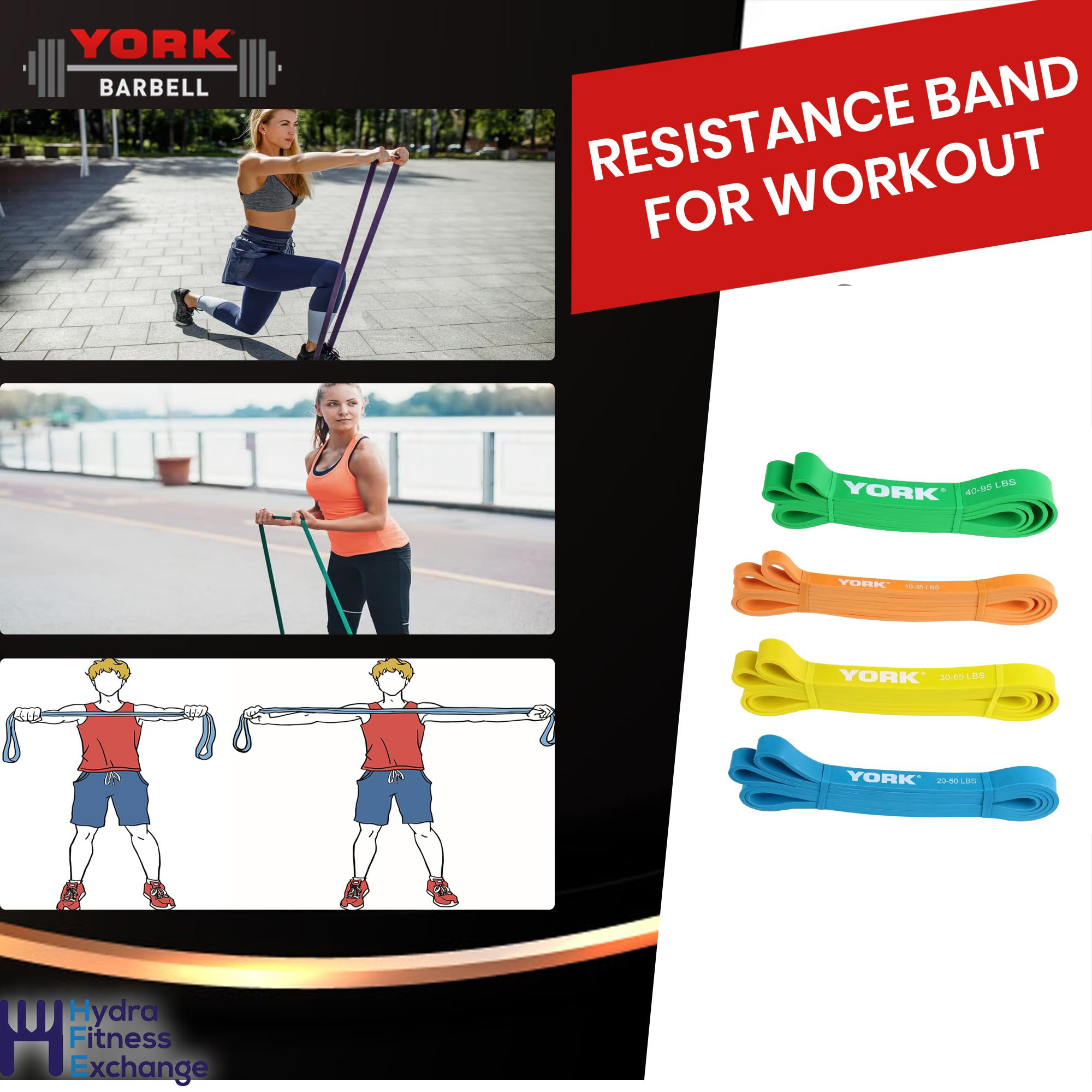New York Light Resistance Band Set (4 Bands) 10–80lbs – Pull Up & Fitness Training Bands York Freeweight